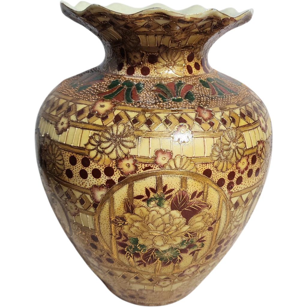 Vintage Satsuma Style Gilded Floral Porcelain Vase with Ruffled Rim
