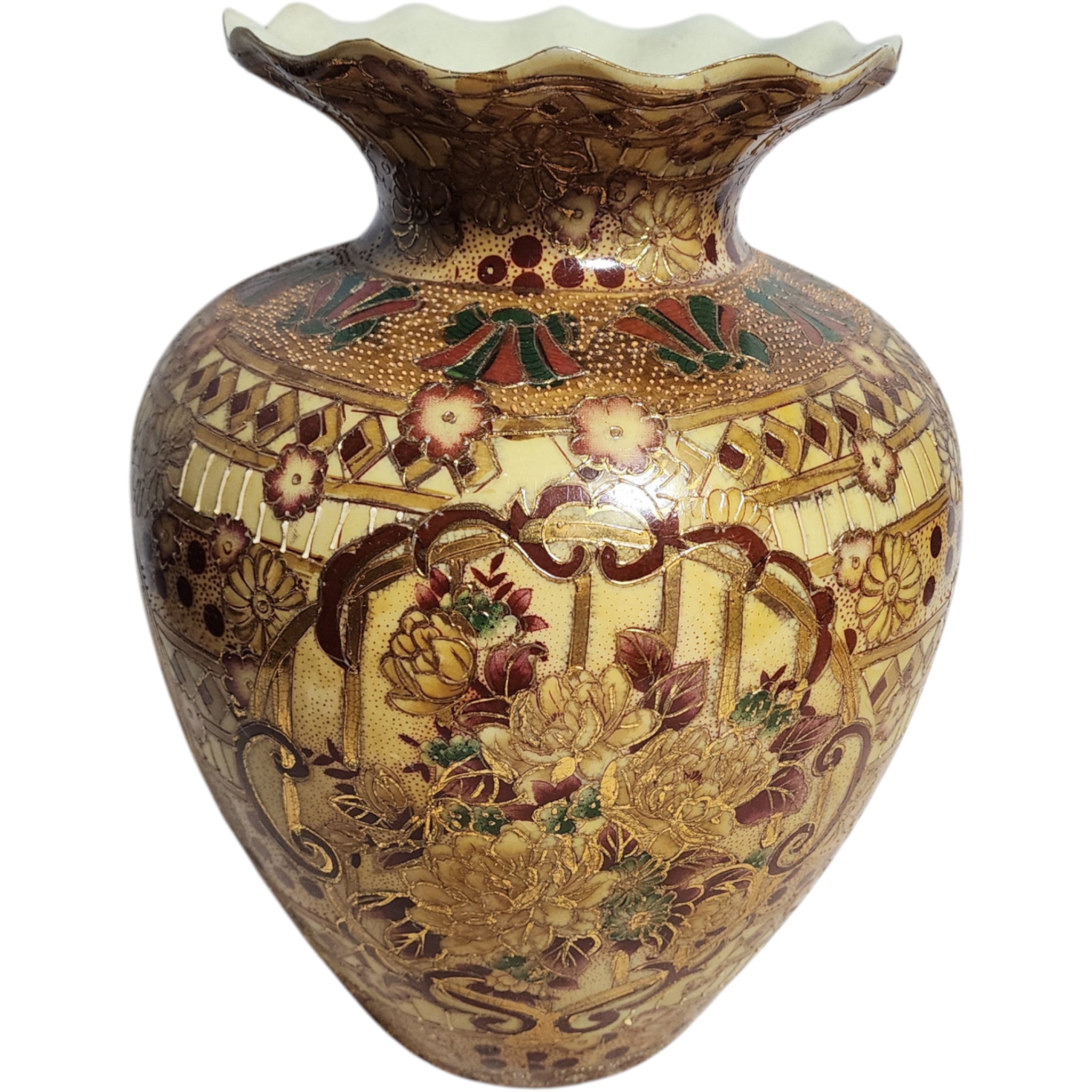 Vintage Satsuma Style Gilded Floral Porcelain Vase with Ruffled Rim