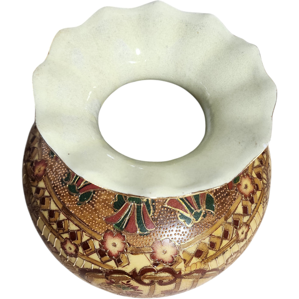 Vintage Satsuma Style Gilded Floral Porcelain Vase with Ruffled Rim