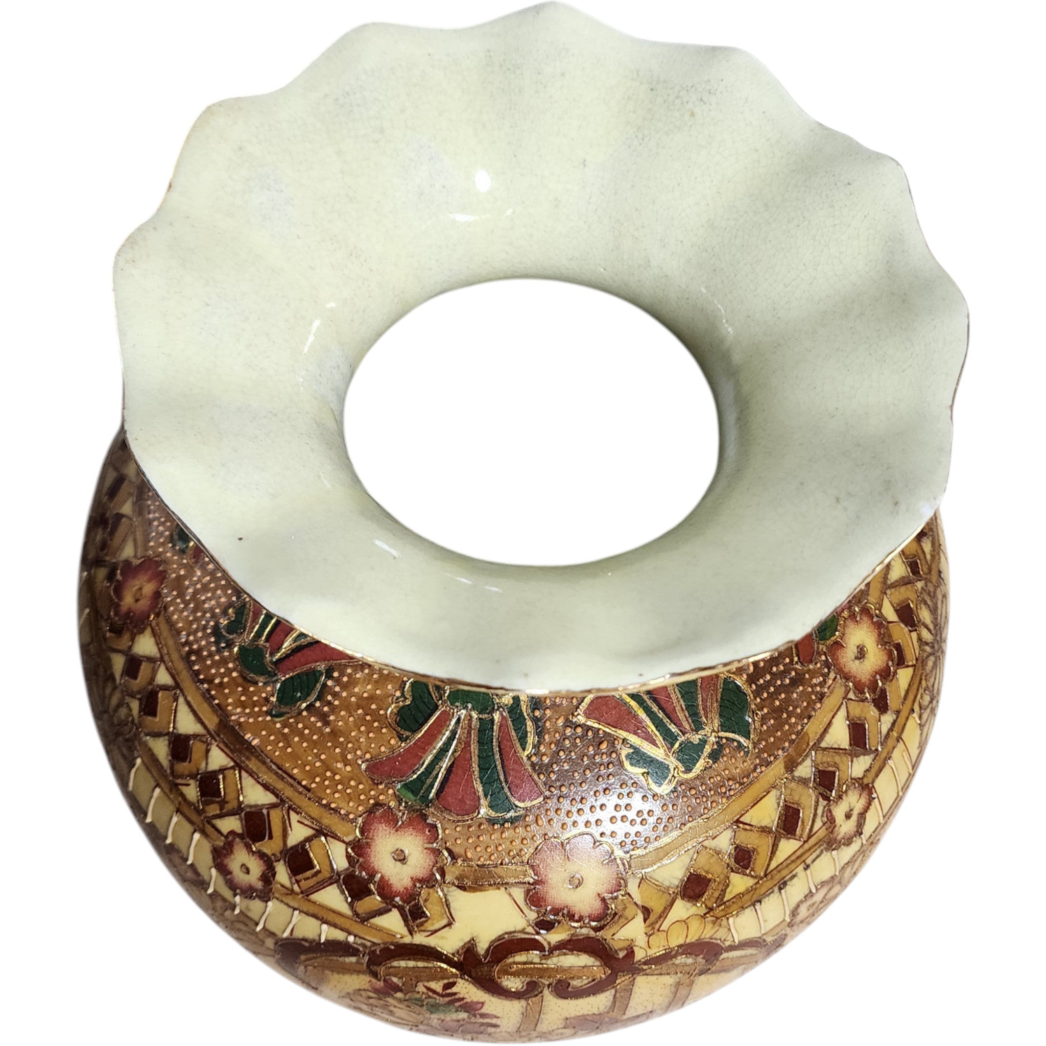 Vintage Satsuma Style Gilded Floral Porcelain Vase with Ruffled Rim