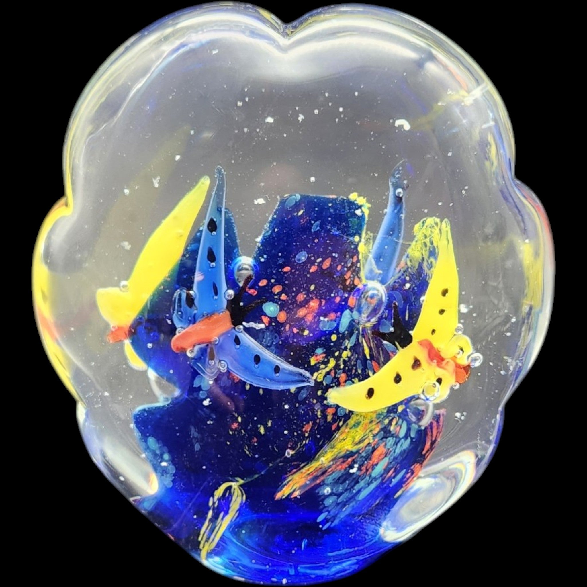Murano Scalloped Art Glass Paperweight Cobalt Blue Reef Butterflies