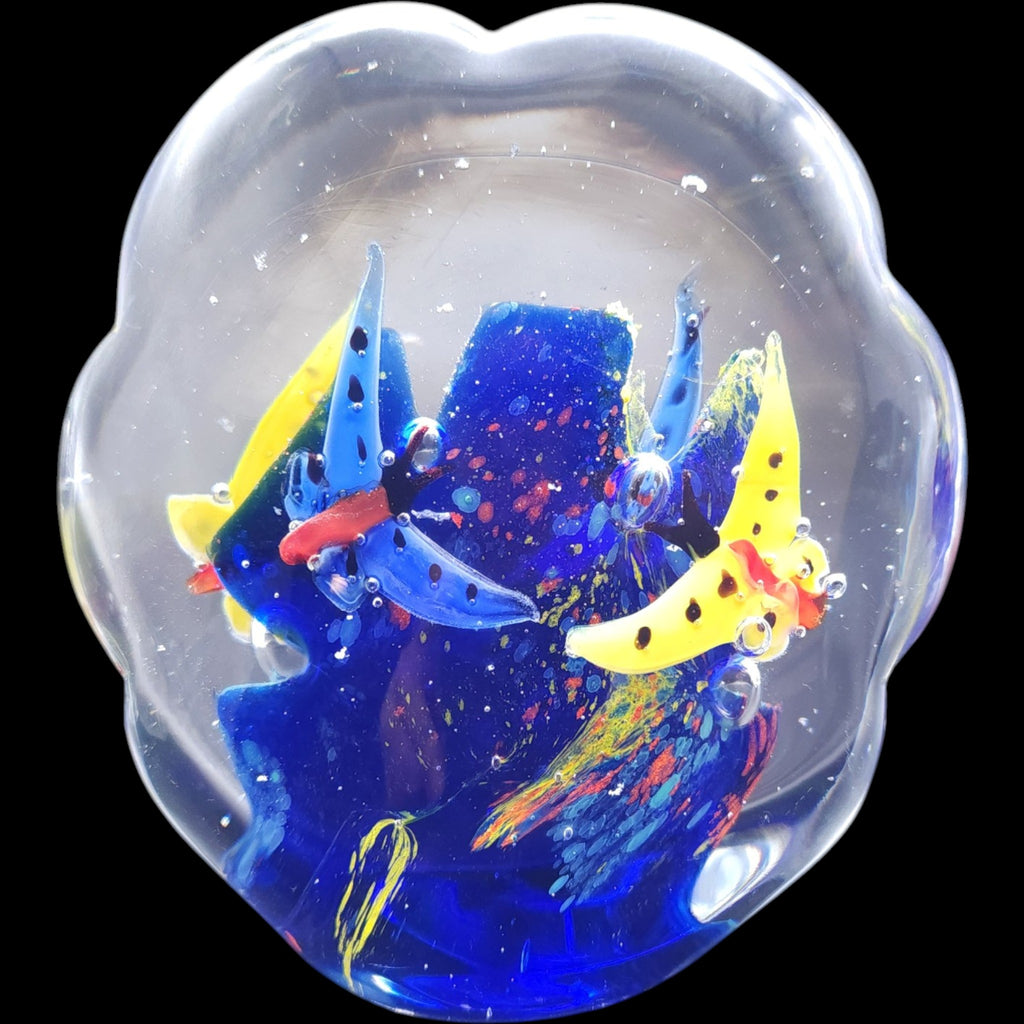 Murano Scalloped Art Glass Paperweight Cobalt Blue Reef Butterflies