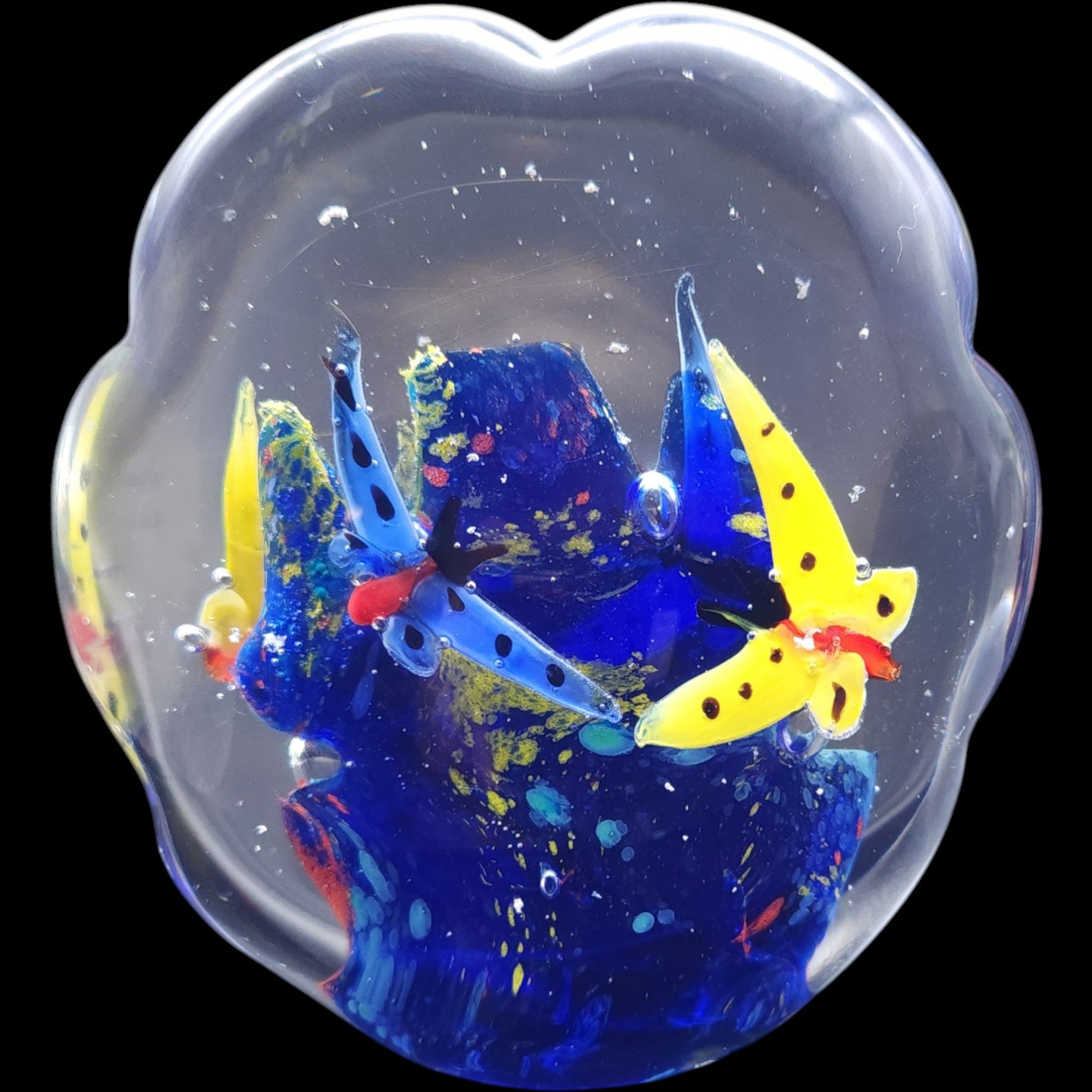 Murano Scalloped Art Glass Paperweight Cobalt Blue Reef Butterflies