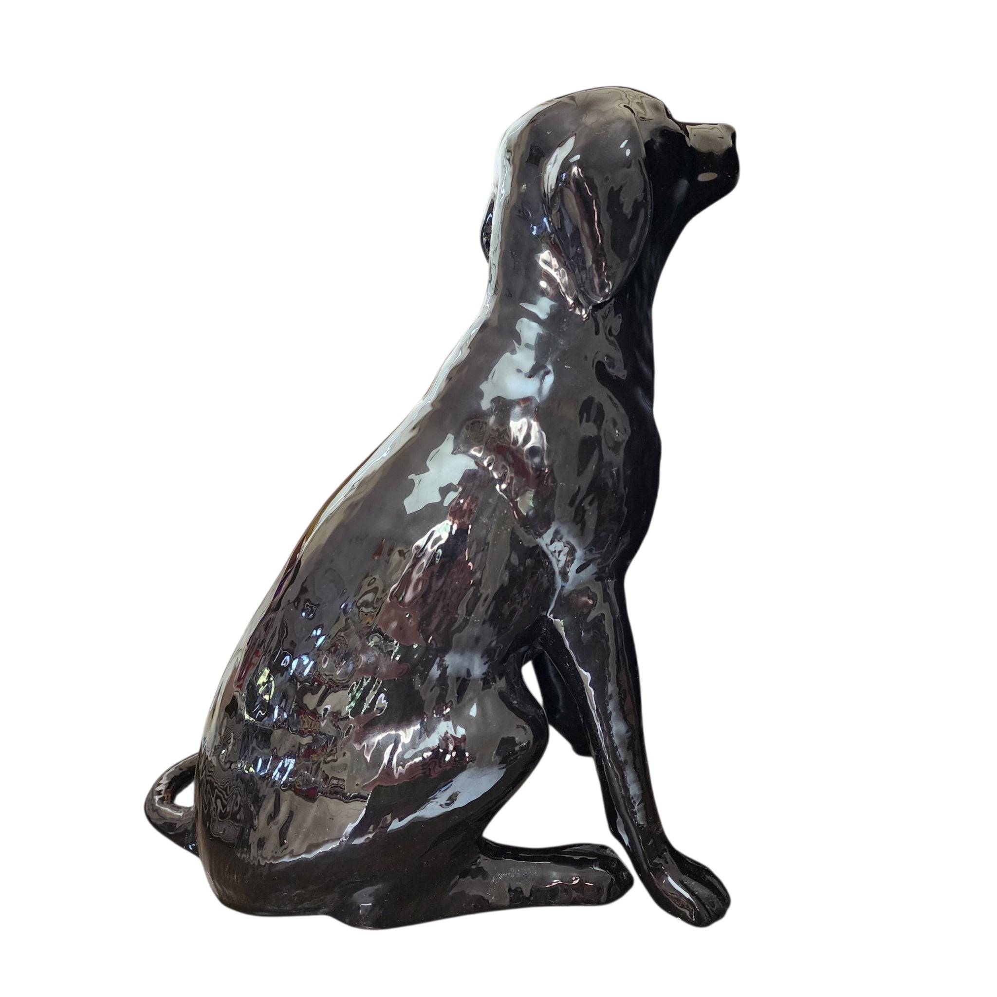 Vintage Signed Black Labrador Retriever Ceramic Figurine
