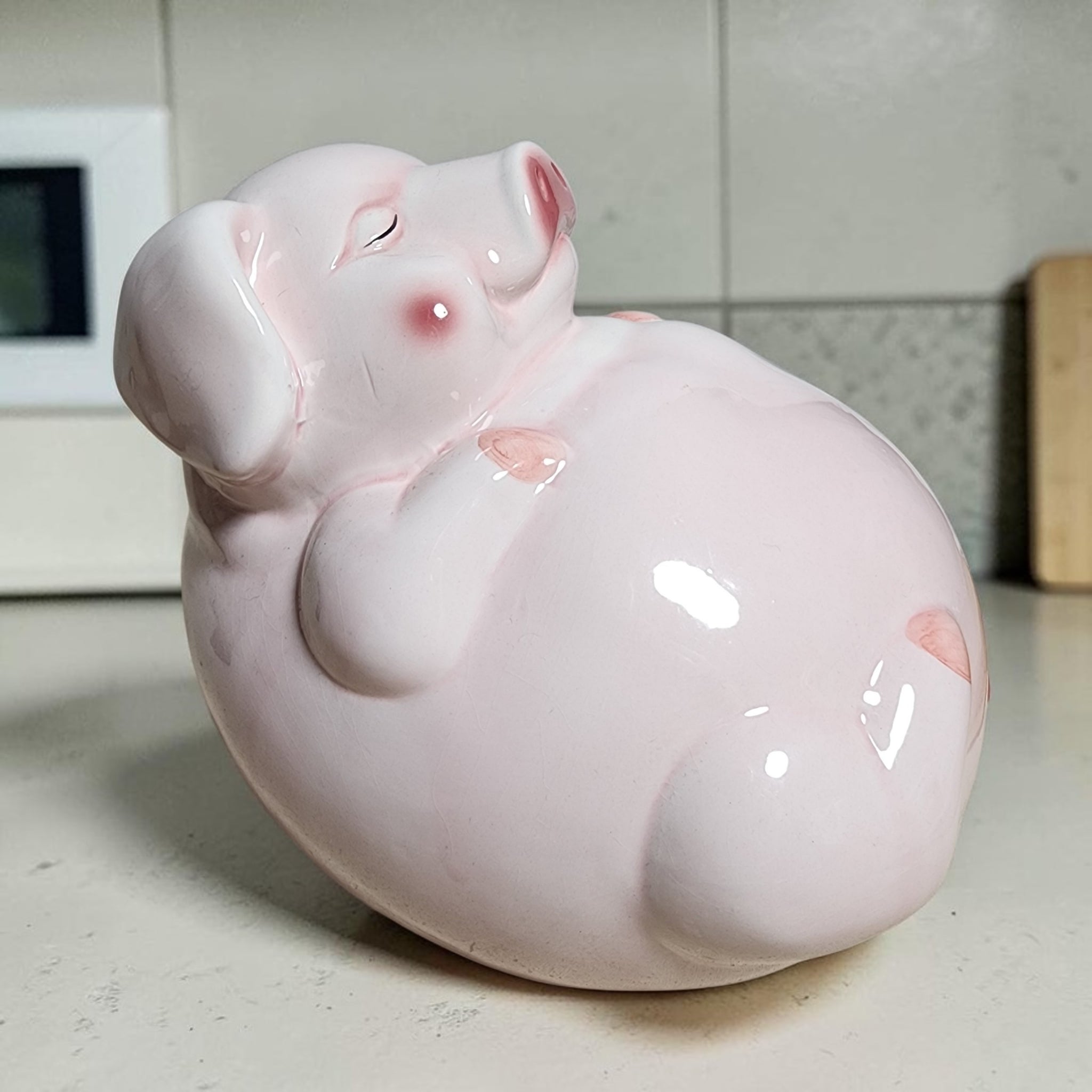 Vintage Smiling Pink Ceramic Pig Piggy Bank
