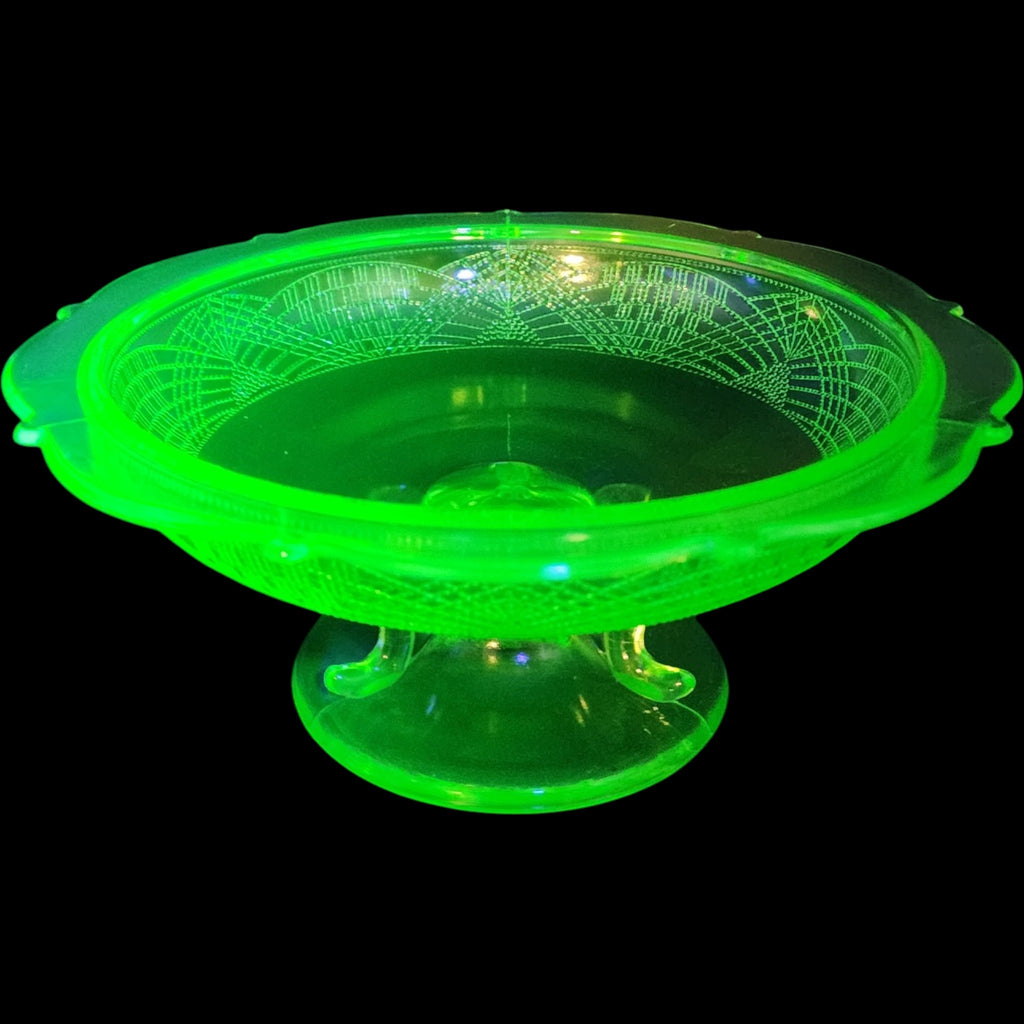 Vintage Smith Glass Romanesque Green Uranium Glass Footed Compote
