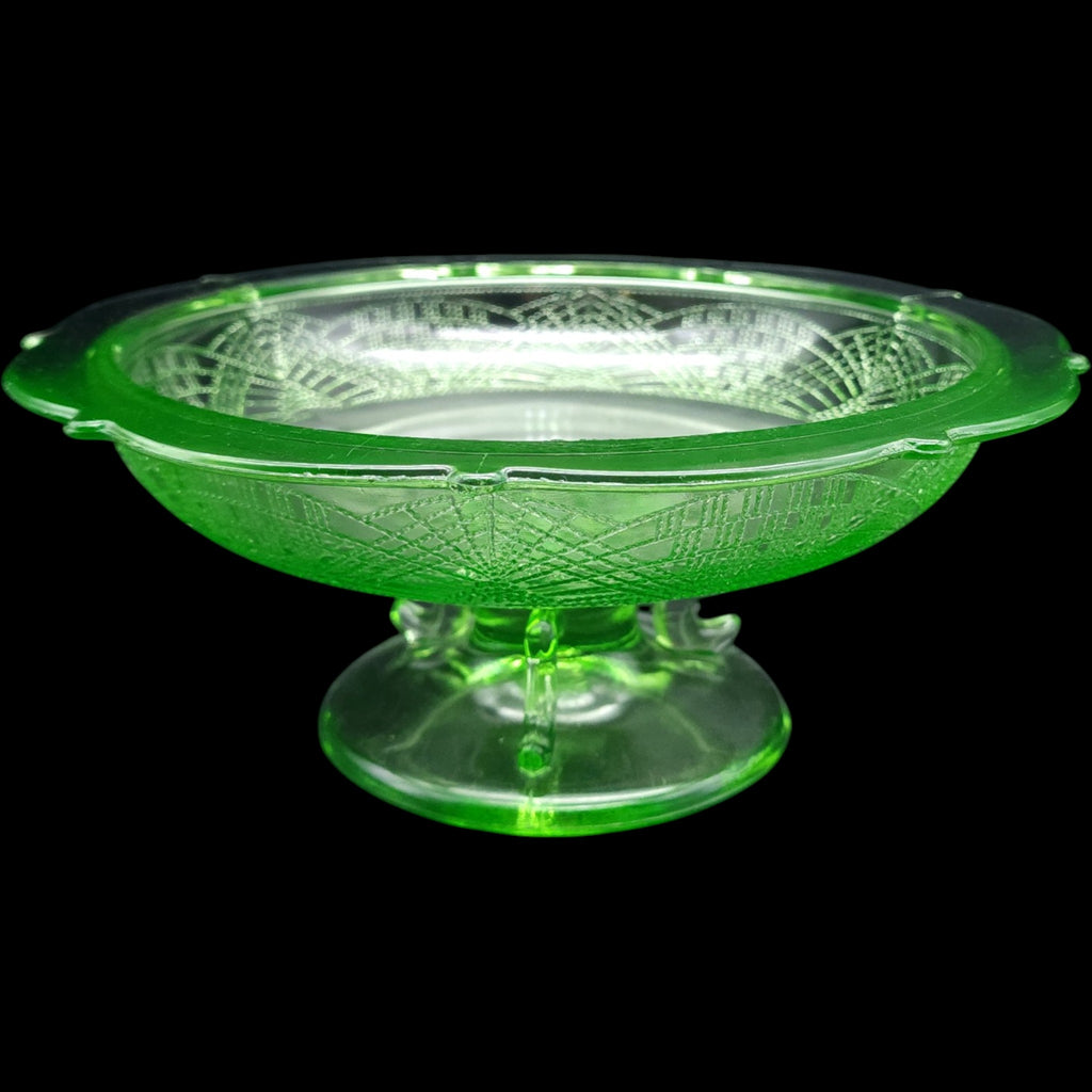 Vintage Smith Glass Romanesque Green Uranium Glass Footed Compote