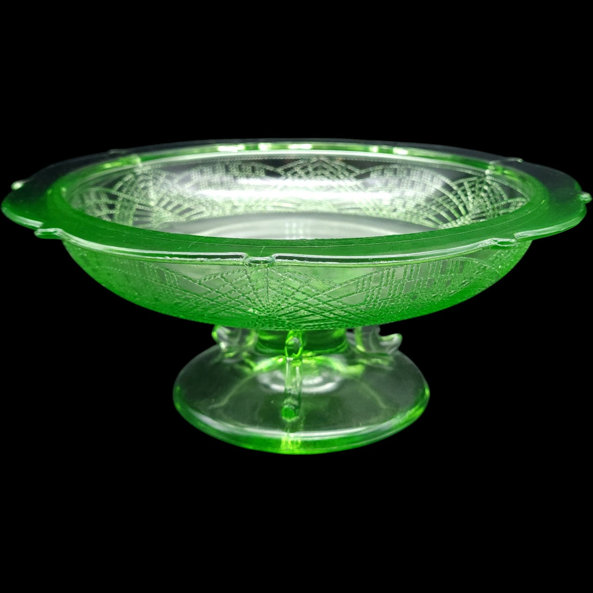 Vintage Smith Glass Romanesque Green Uranium Glass Footed Compote
