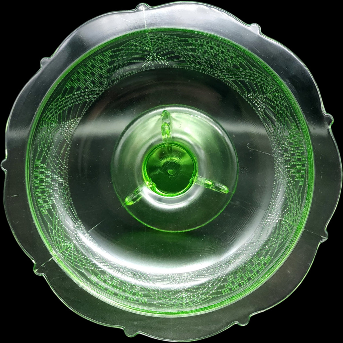Vintage Smith Glass Romanesque Green Uranium Glass Footed Compote