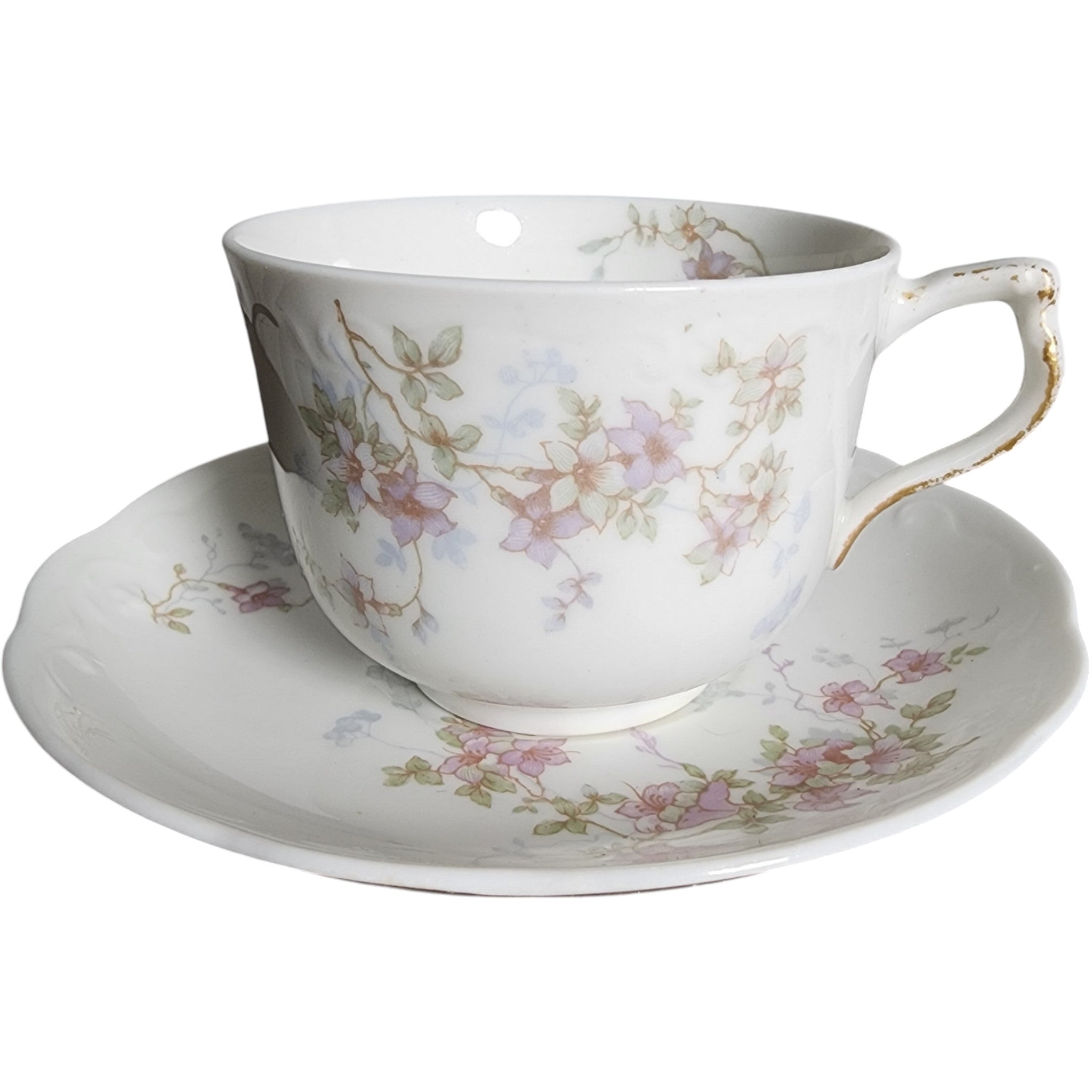 Syracuse China Purple Floral Sprigs & Embossed Rim Cup and Saucer Set