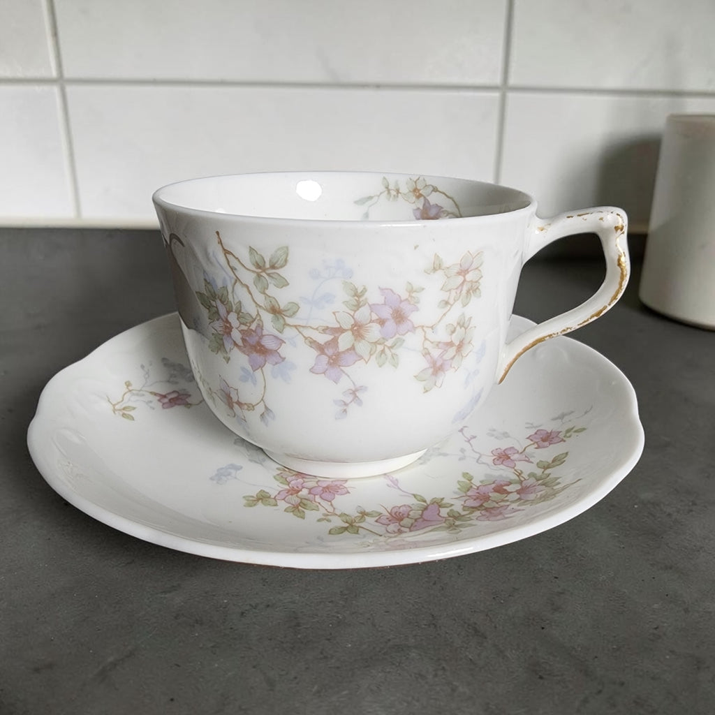 Syracuse China Purple Floral Sprigs & Embossed Rim Cup and Saucer Set