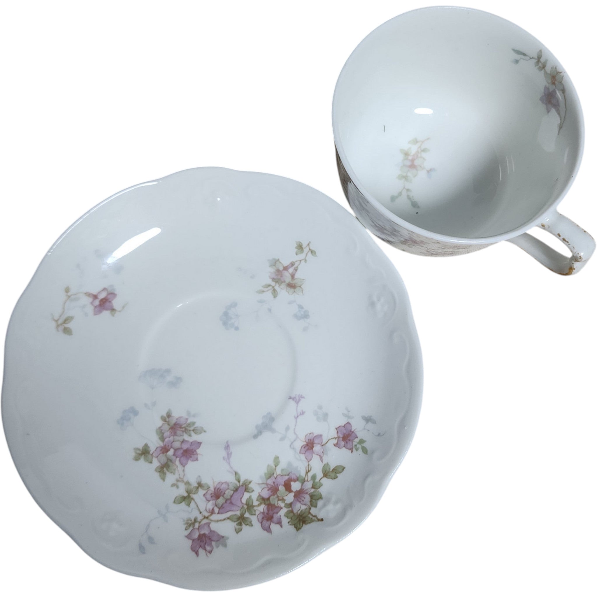 Syracuse China Purple Floral Sprigs & Embossed Rim Cup and Saucer Set