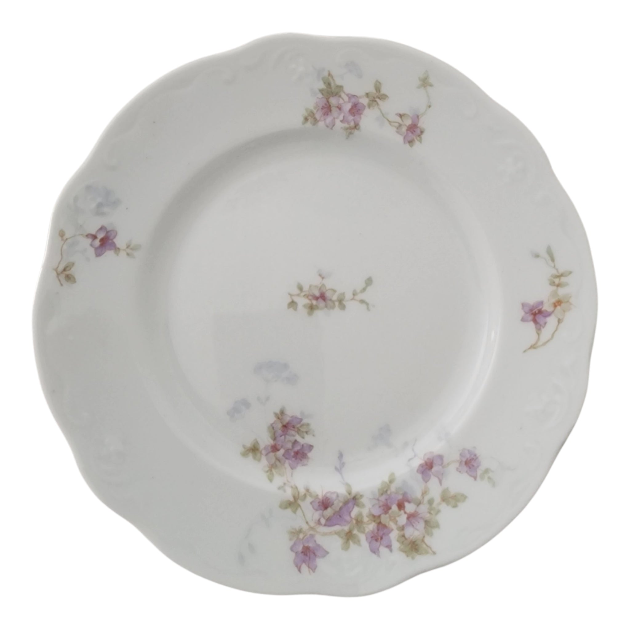9" Syracuse China Purple Floral Sprigs & Embossed Rim Dinner Plate