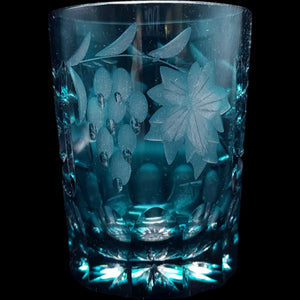 Vintage Teal Cut Glass Tumbler with Etched Grape Vine & Starburst Motif