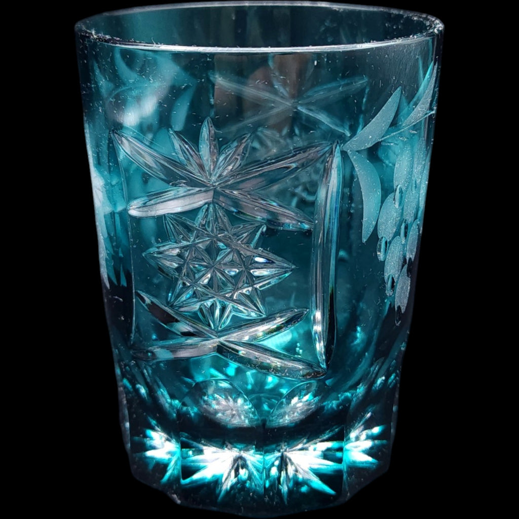 Vintage Teal Cut Glass Tumbler with Etched Grape Vine & Starburst Motif