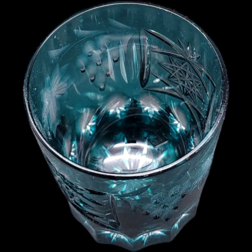 Vintage Teal Cut Glass Tumbler with Etched Grape Vine & Starburst Motif