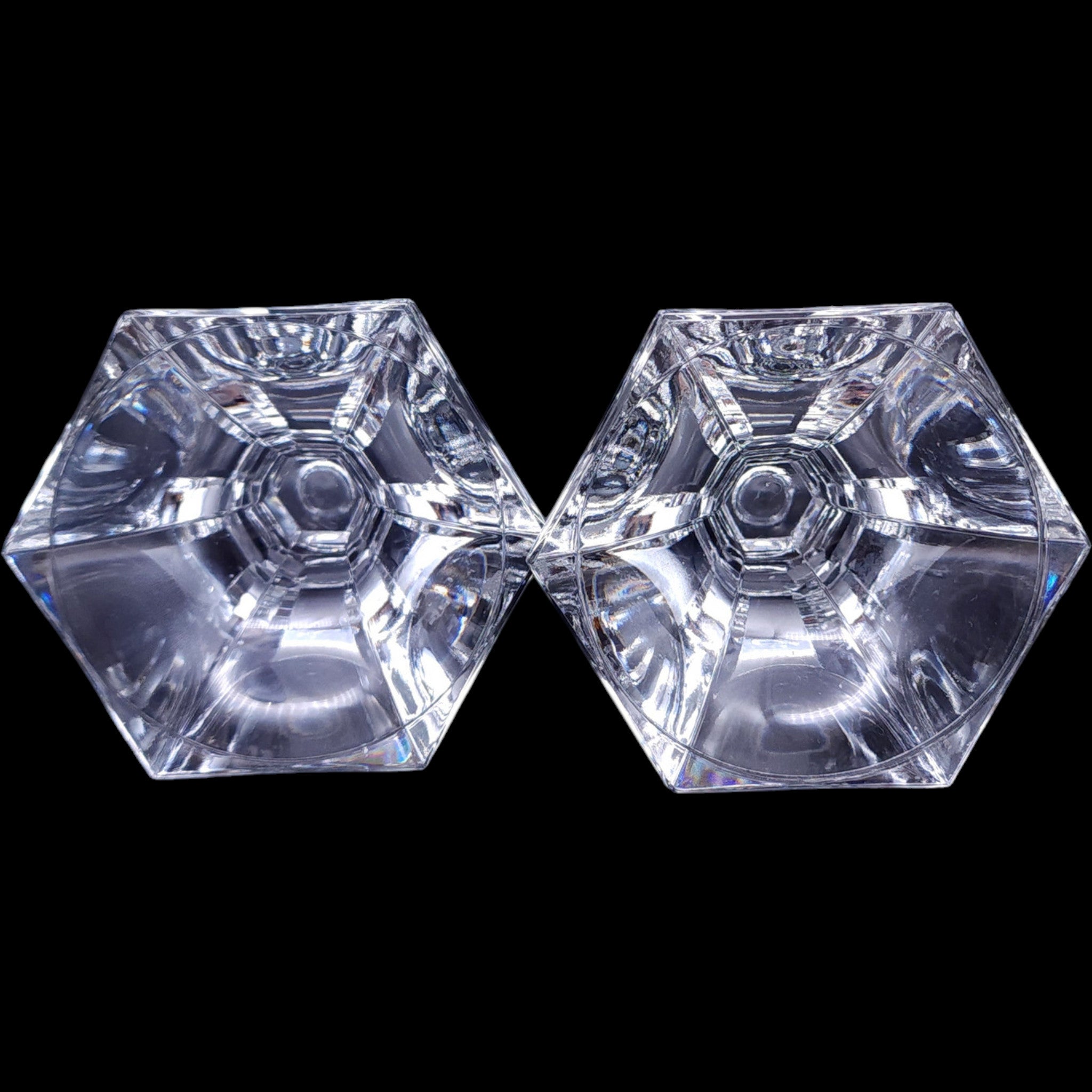 Vintage Towle Clear Crystal Hexagonal Taper Candlestick Holders Pair 4.75