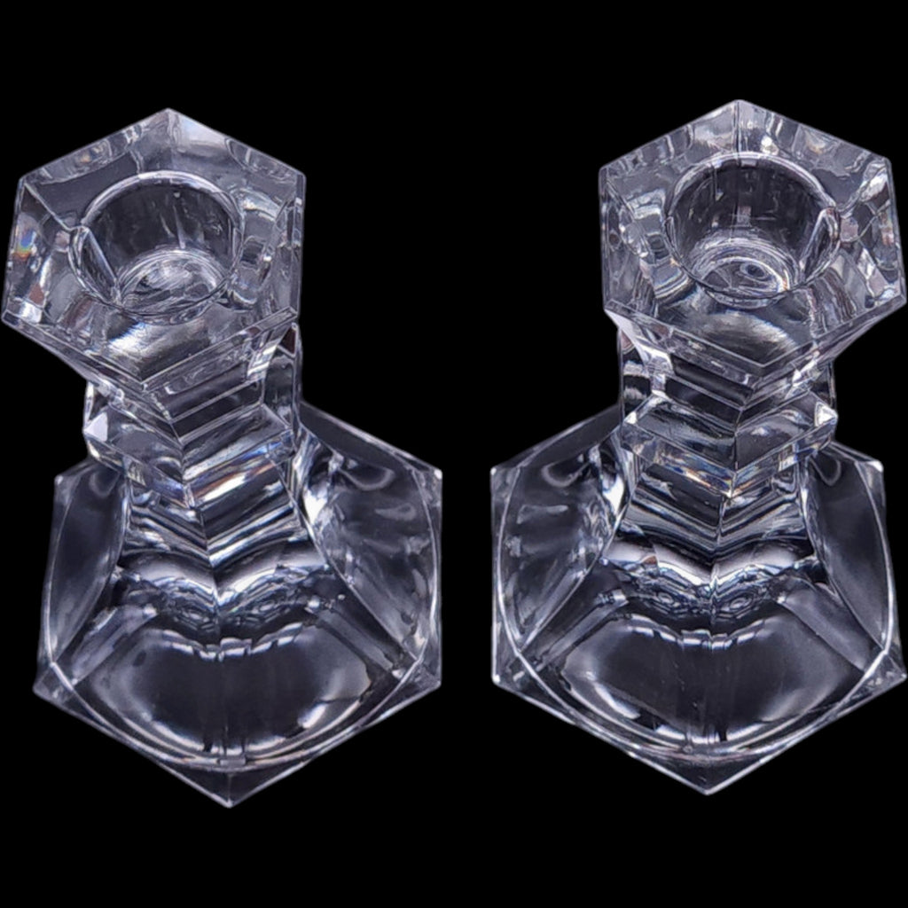 Vintage Towle Clear Crystal Hexagonal Taper Candlestick Holders Pair 4.75