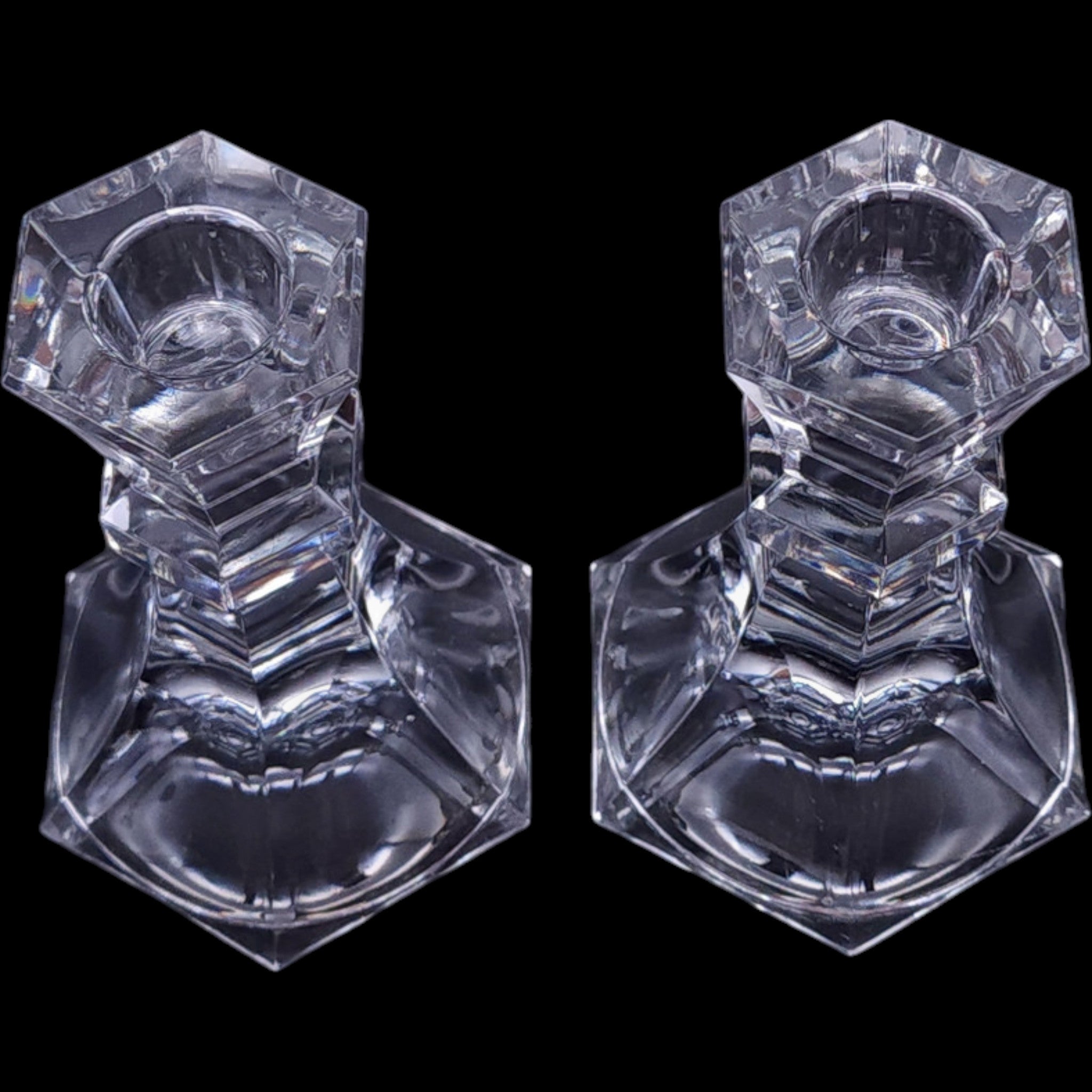 Vintage Towle Clear Crystal Hexagonal Taper Candlestick Holders Pair 4.75