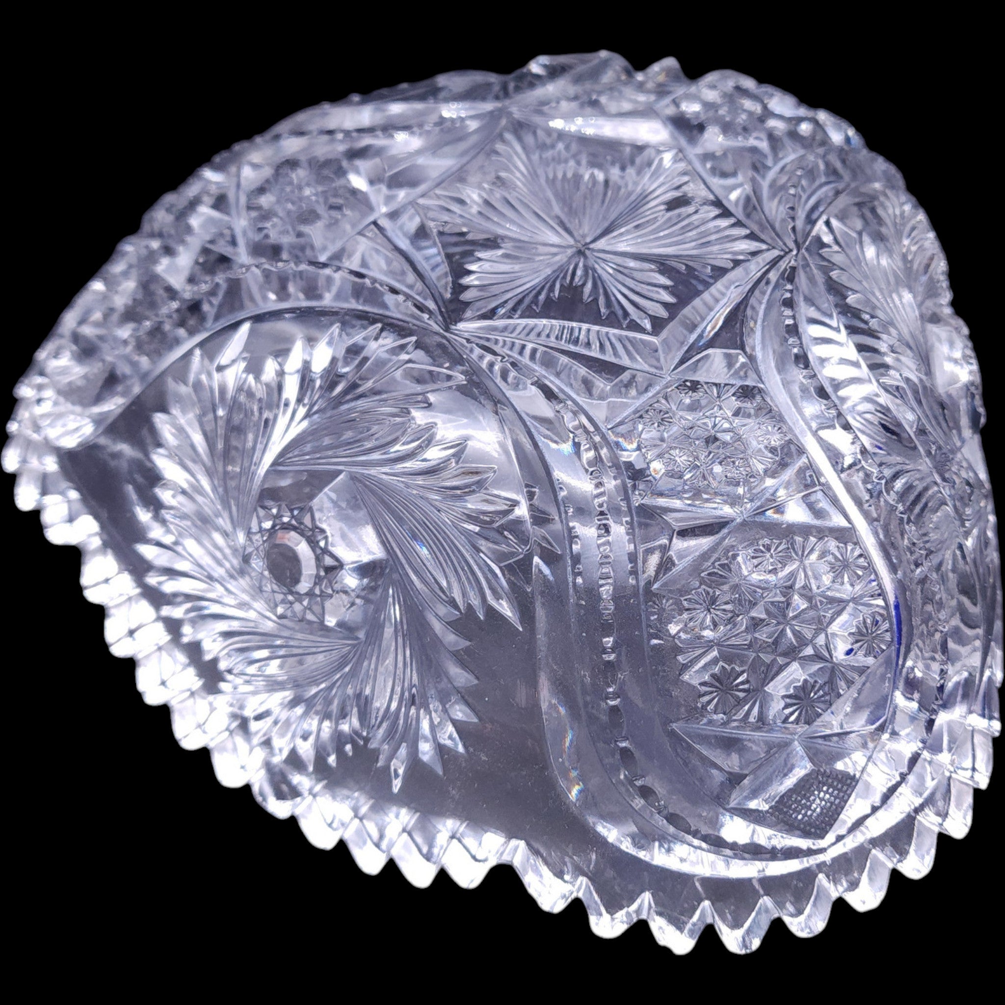 Vintage Tri-Corner EAPG Clear Cut Glass Bowl Pinwheel and Hobstar