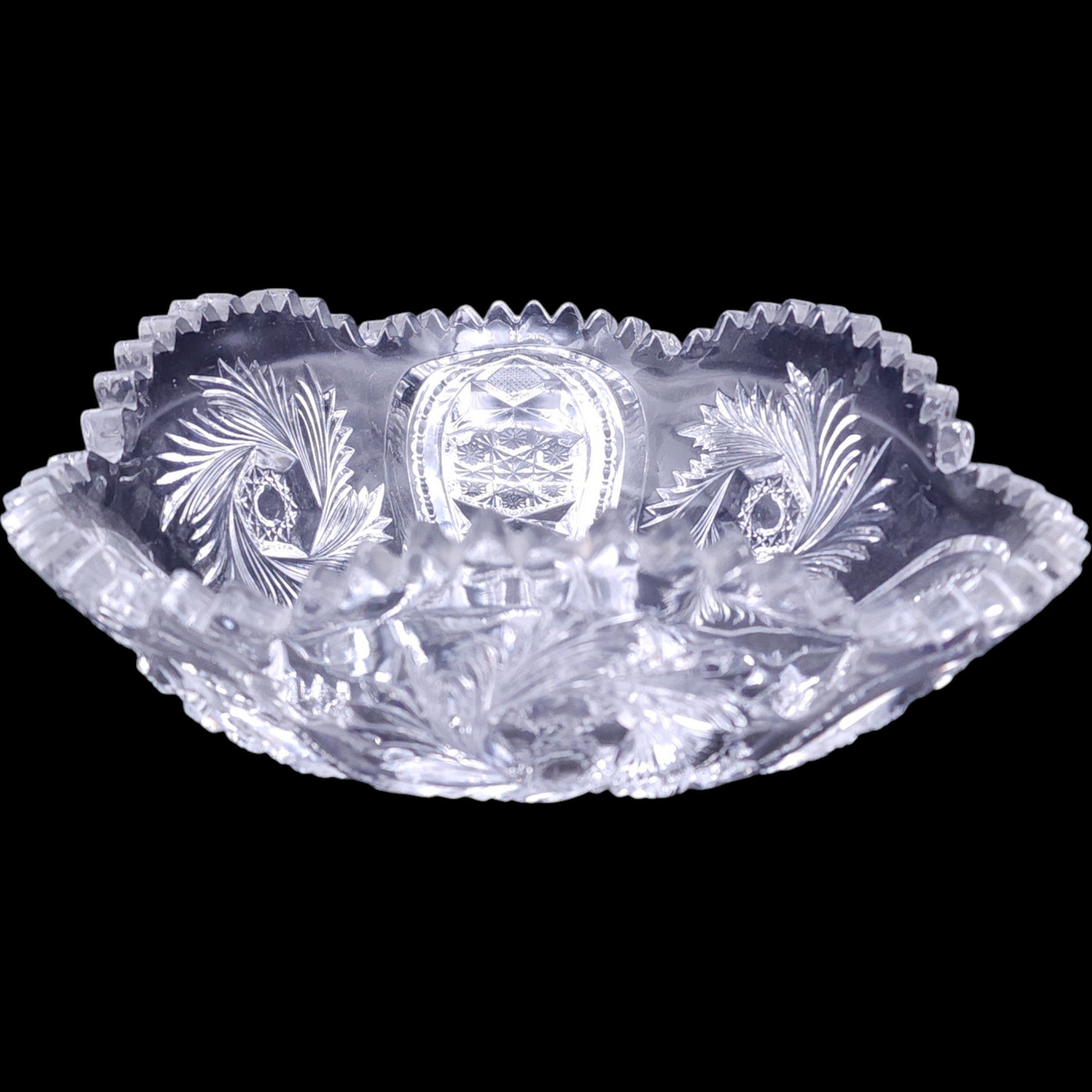 Vintage Tri-Corner EAPG Clear Cut Glass Bowl Pinwheel and Hobstar