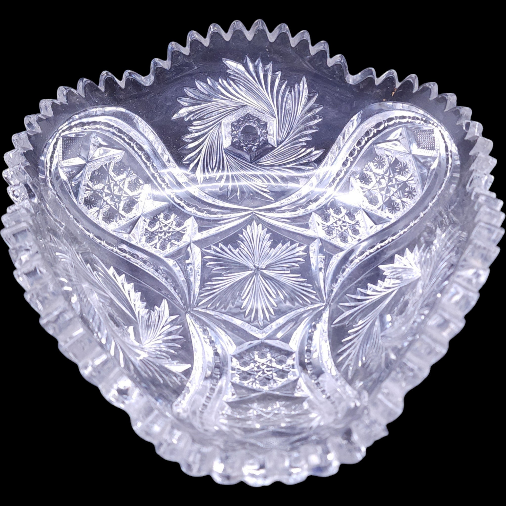 Vintage Tri-Corner EAPG Clear Cut Glass Bowl Pinwheel and Hobstar
