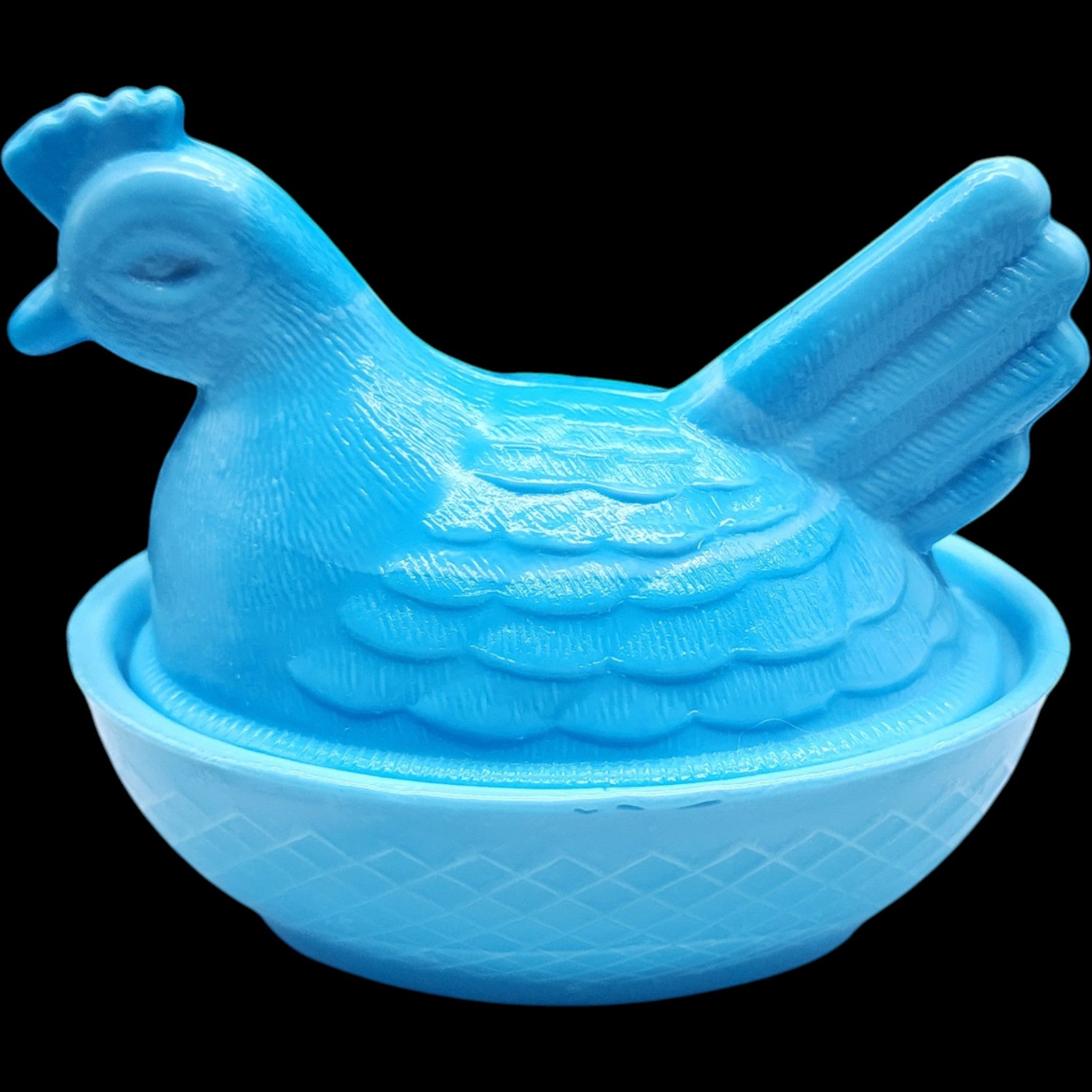 Vintage Turquoise Blue Milk Glass Hen on Nest Covered Candy Dish