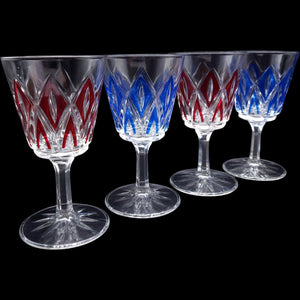 Vintage VMC Reims French Crystal Wine Glasses Red & Blue Cut Diamond Set of 4