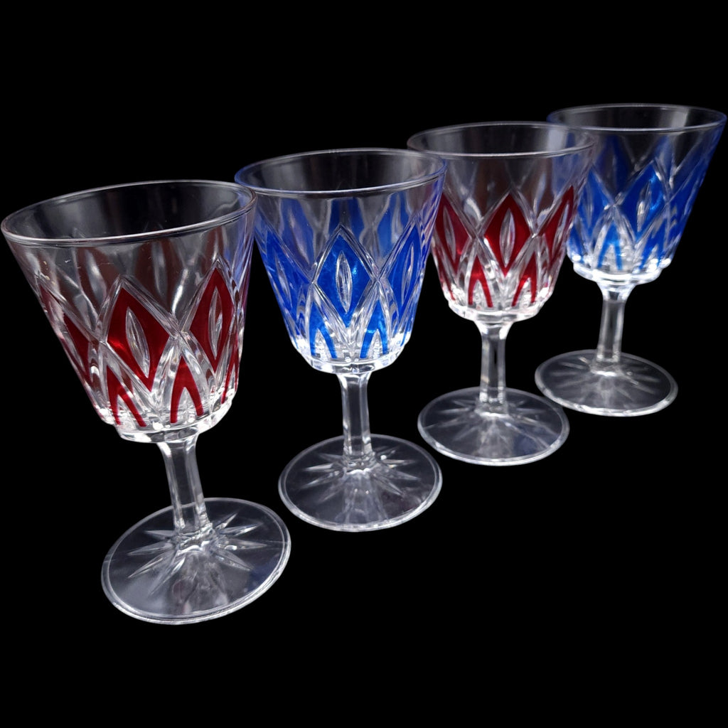 Vintage VMC Reims French Crystal Wine Glasses Red & Blue Cut Diamond Set of 4