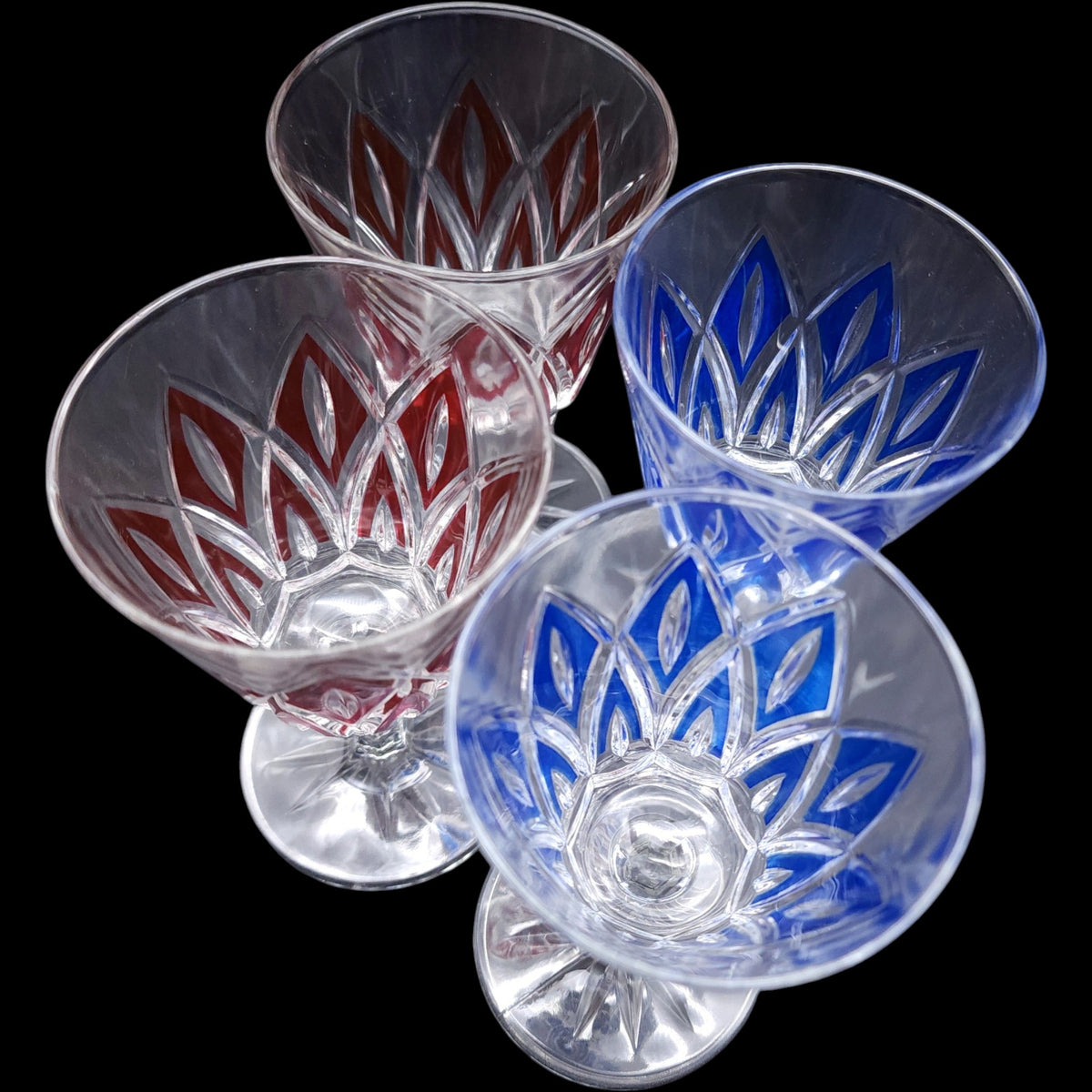 Vintage VMC Reims French Crystal Wine Glasses Red & Blue Cut Diamond Set of 4