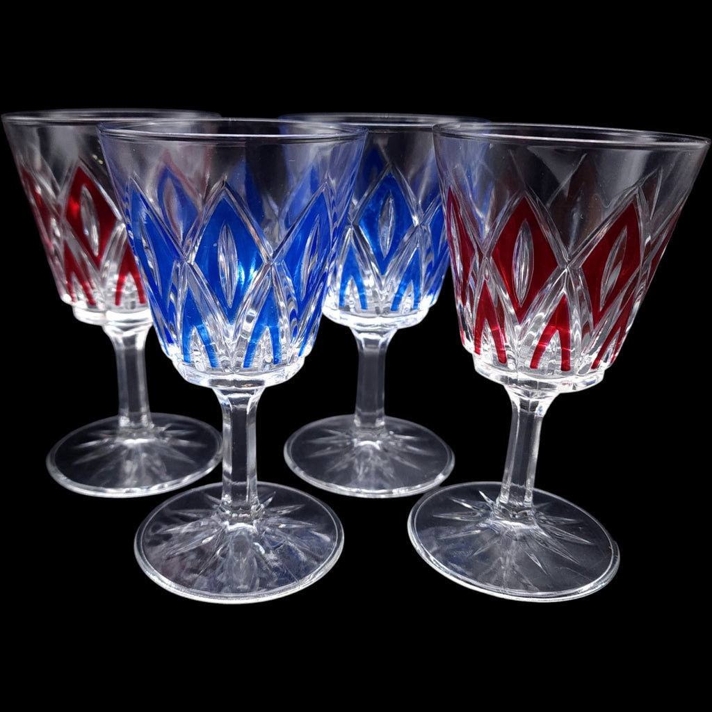 Vintage VMC Reims French Crystal Wine Glasses Red & Blue Cut Diamond Set of 4