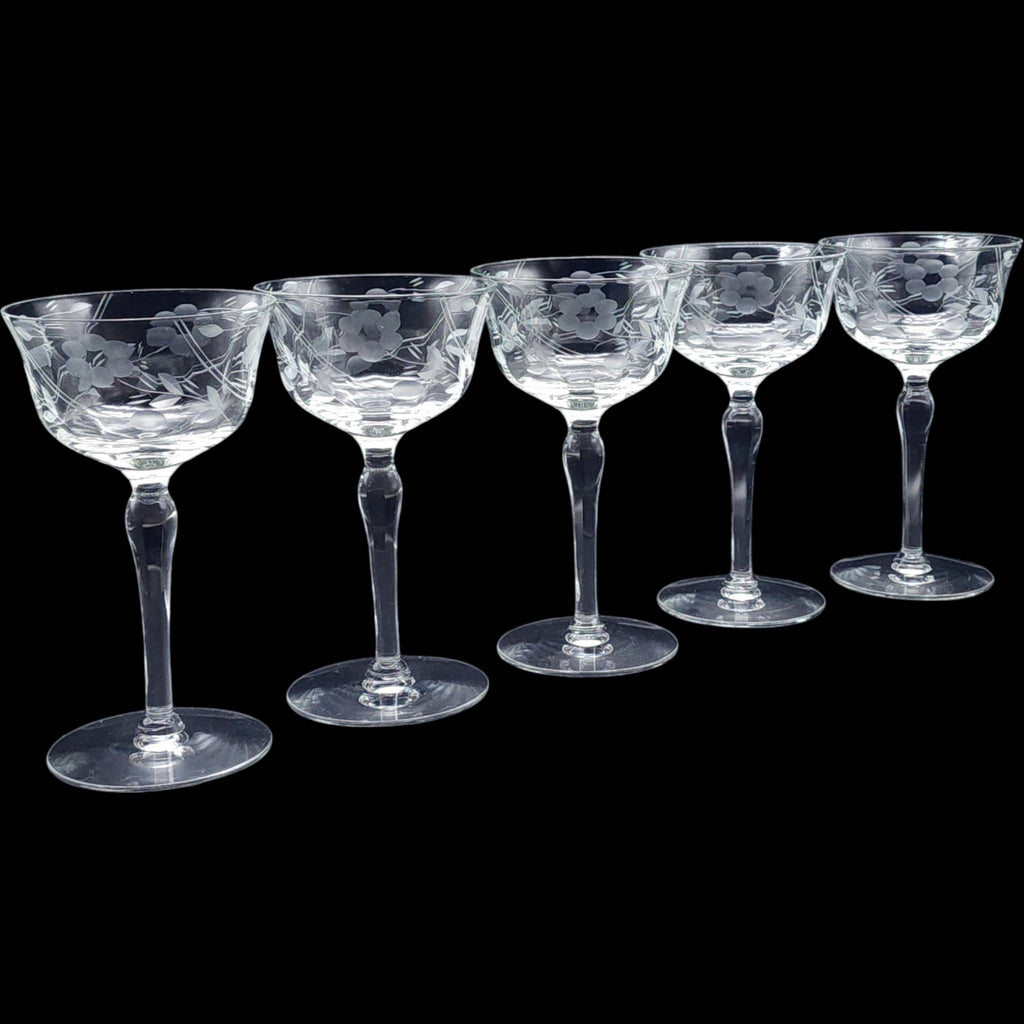 Vintage Weston Etched Floral Coupe Glassware Set Set of 5