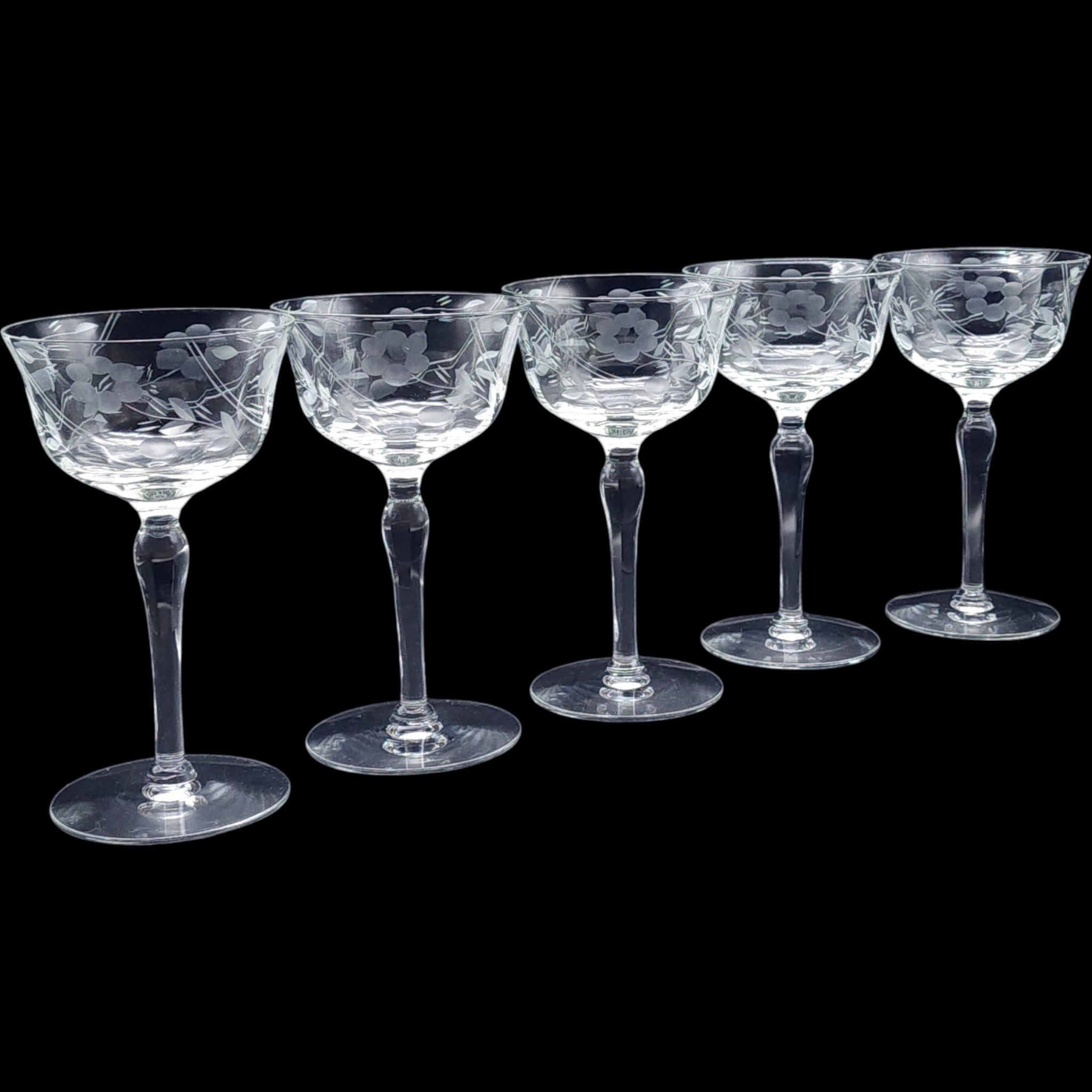 Vintage Weston Etched Floral Coupe Glassware Set Set of 5