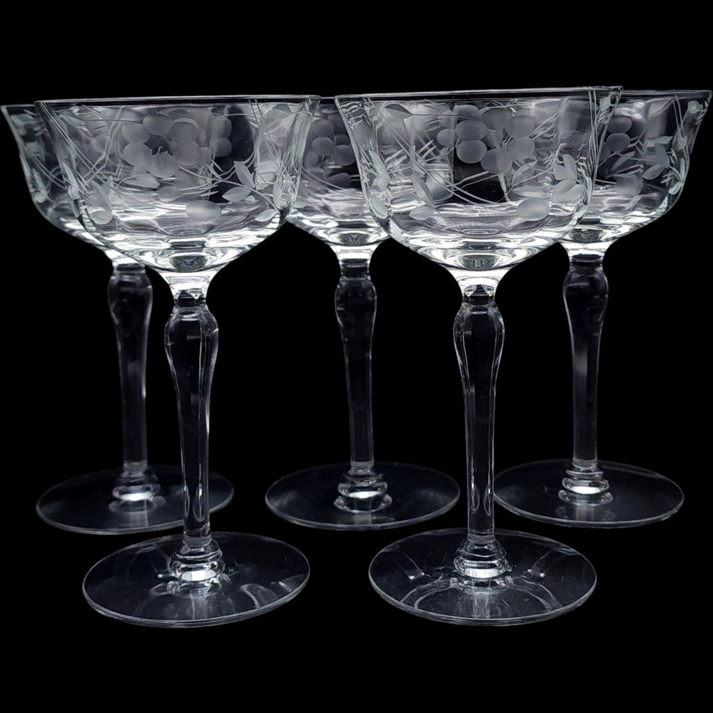 Vintage Weston Etched Floral Coupe Glassware Set Set of 5