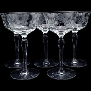 Vintage Weston Etched Floral Coupe Glassware Set Set of 5