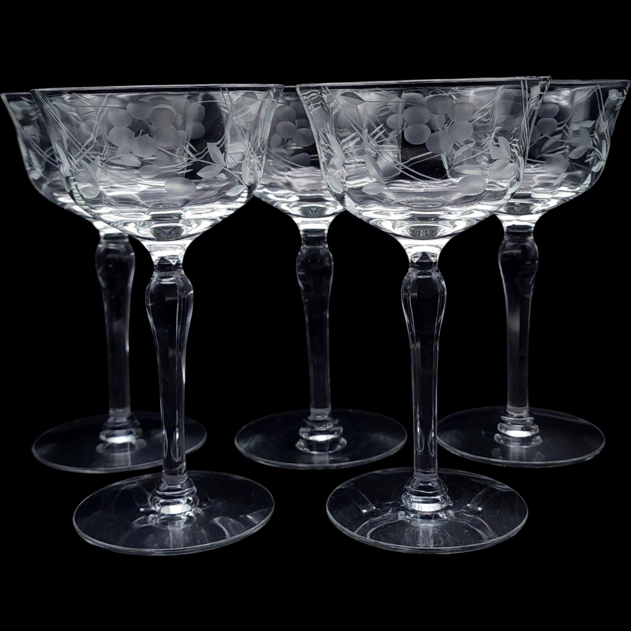 Vintage Weston Etched Floral Coupe Glassware Set Set of 5