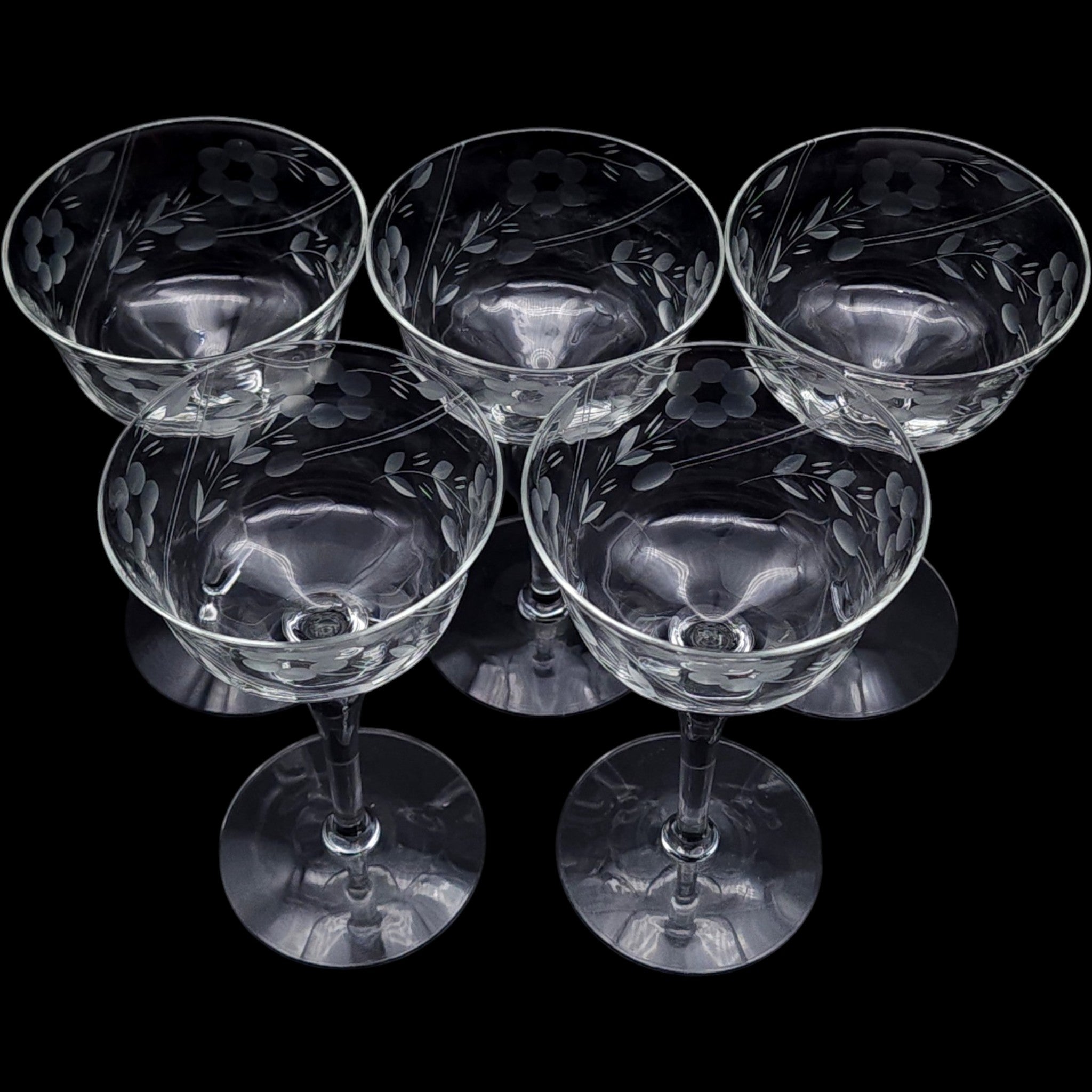 Vintage Weston Etched Floral Coupe Glassware Set Set of 5