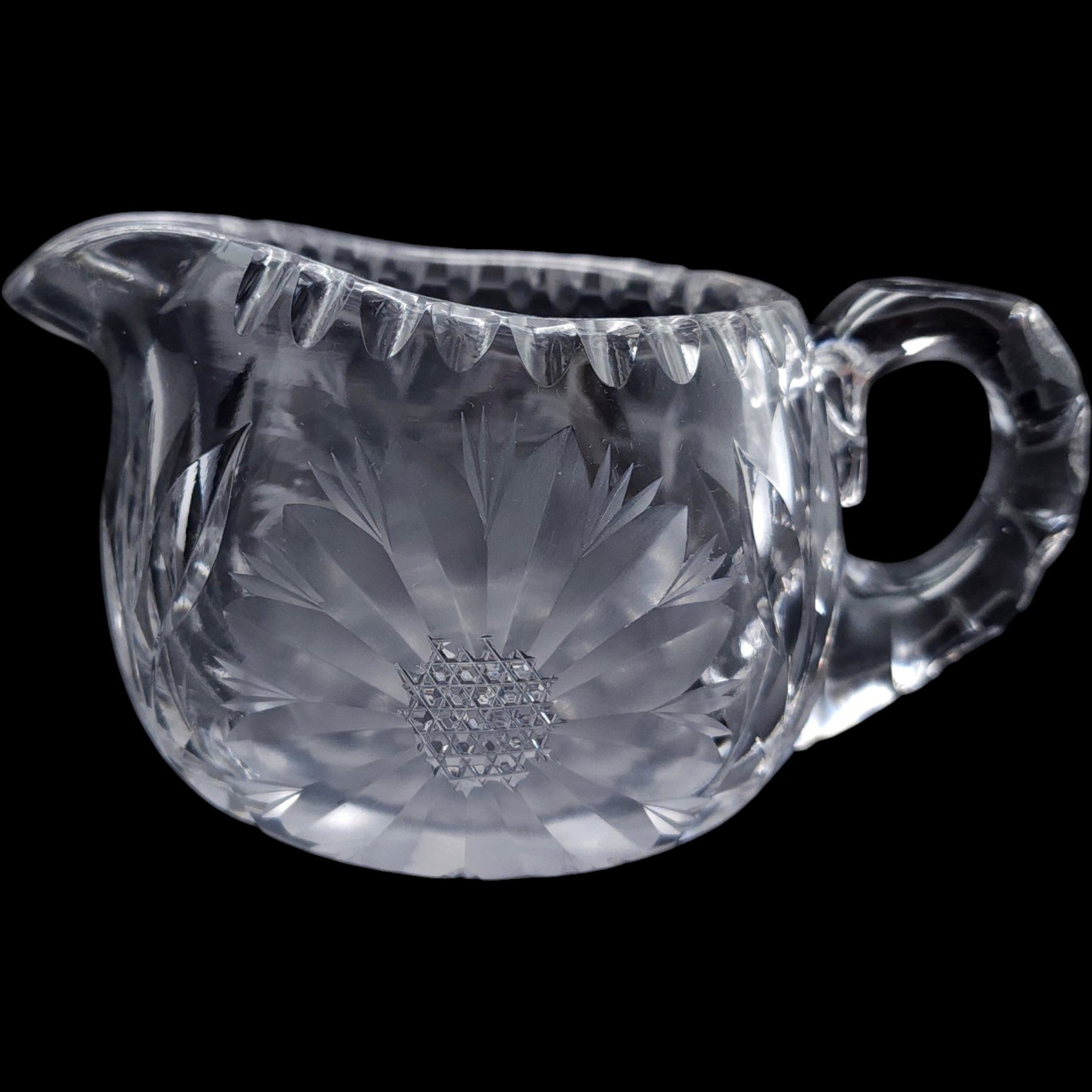 Vintage Wheel Cut Glass Creamer Pitcher, Floral Daisy Pattern