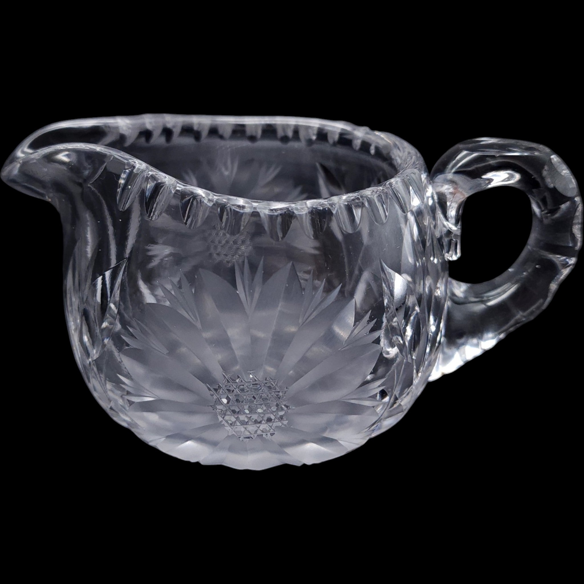 Vintage Wheel Cut Glass Creamer Pitcher, Floral Daisy Pattern