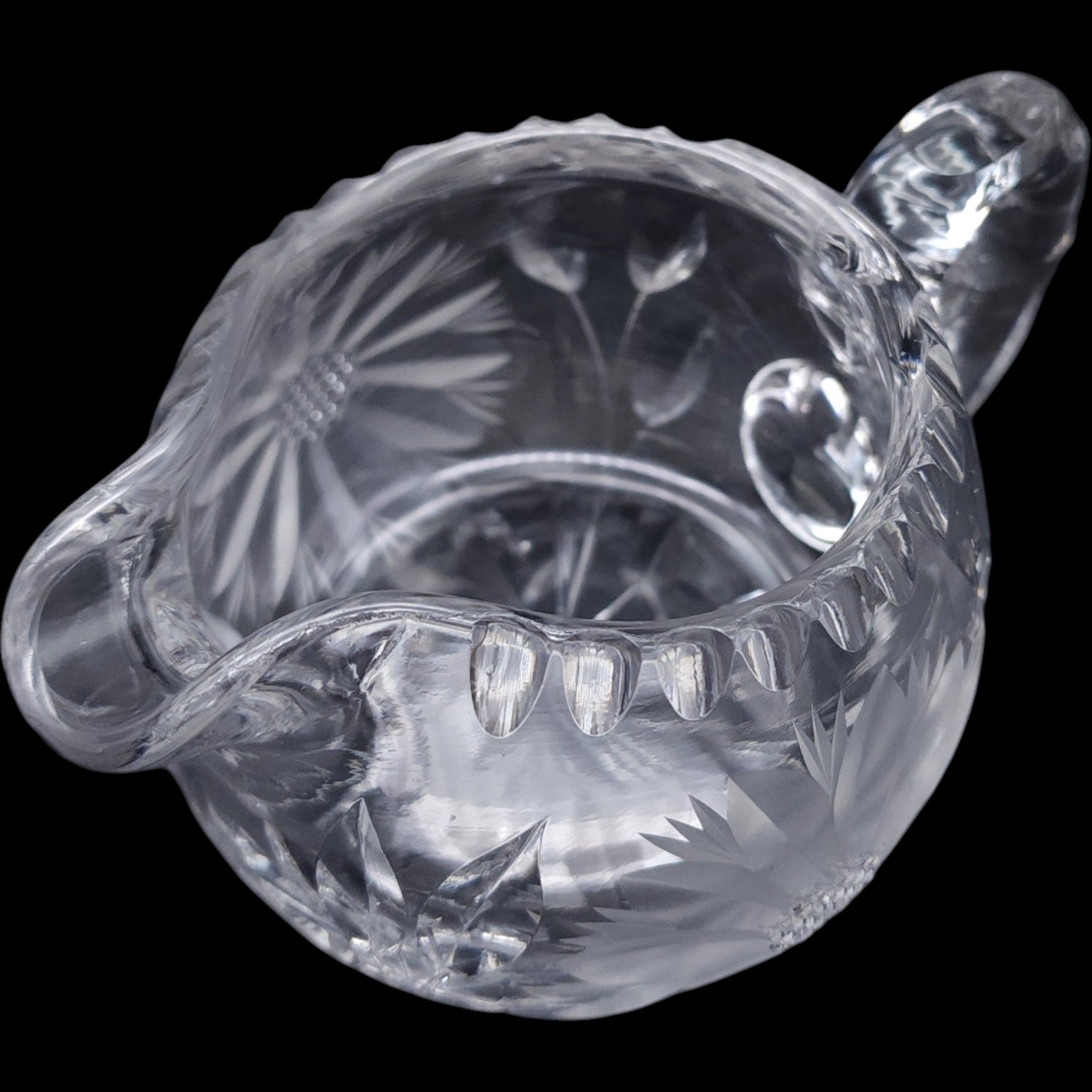 Vintage Wheel Cut Glass Creamer Pitcher, Floral Daisy Pattern