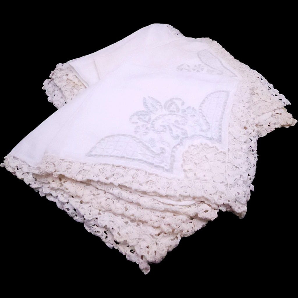 Vintage White Cotton Napkins with Crochet Lace Trim Set of 5 Embroidered Table Linens