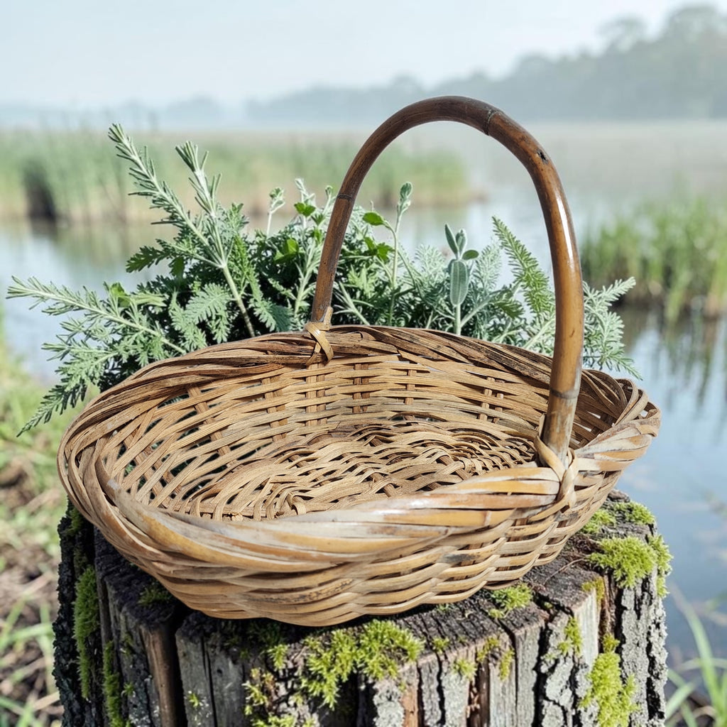Vintage Woven Reed and Bamboo Gathering Basket with Handle