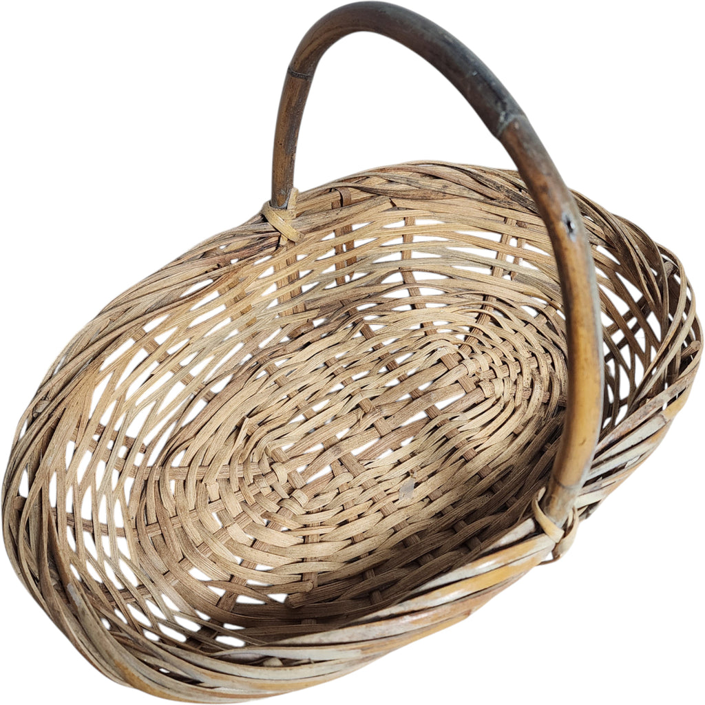 Vintage Woven Reed and Bamboo Gathering Basket with Handle