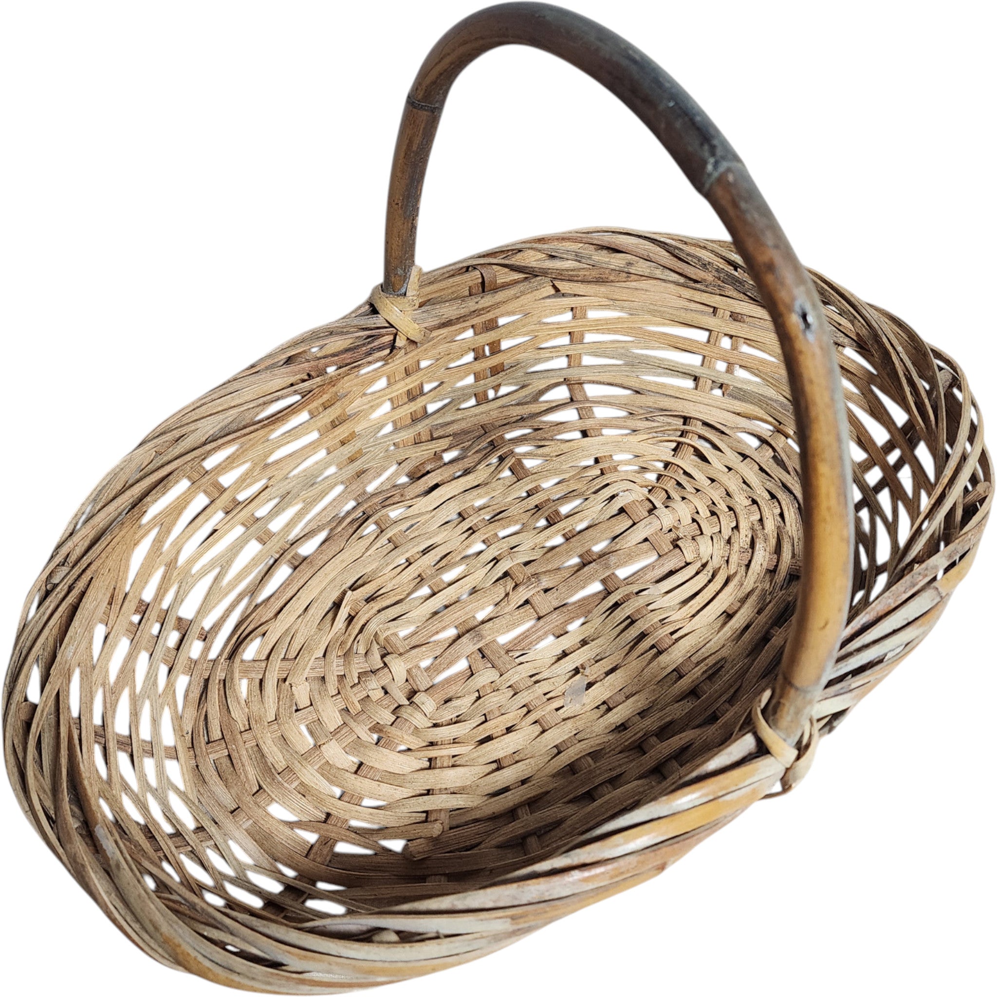 Vintage Woven Reed and Bamboo Gathering Basket with Handle
