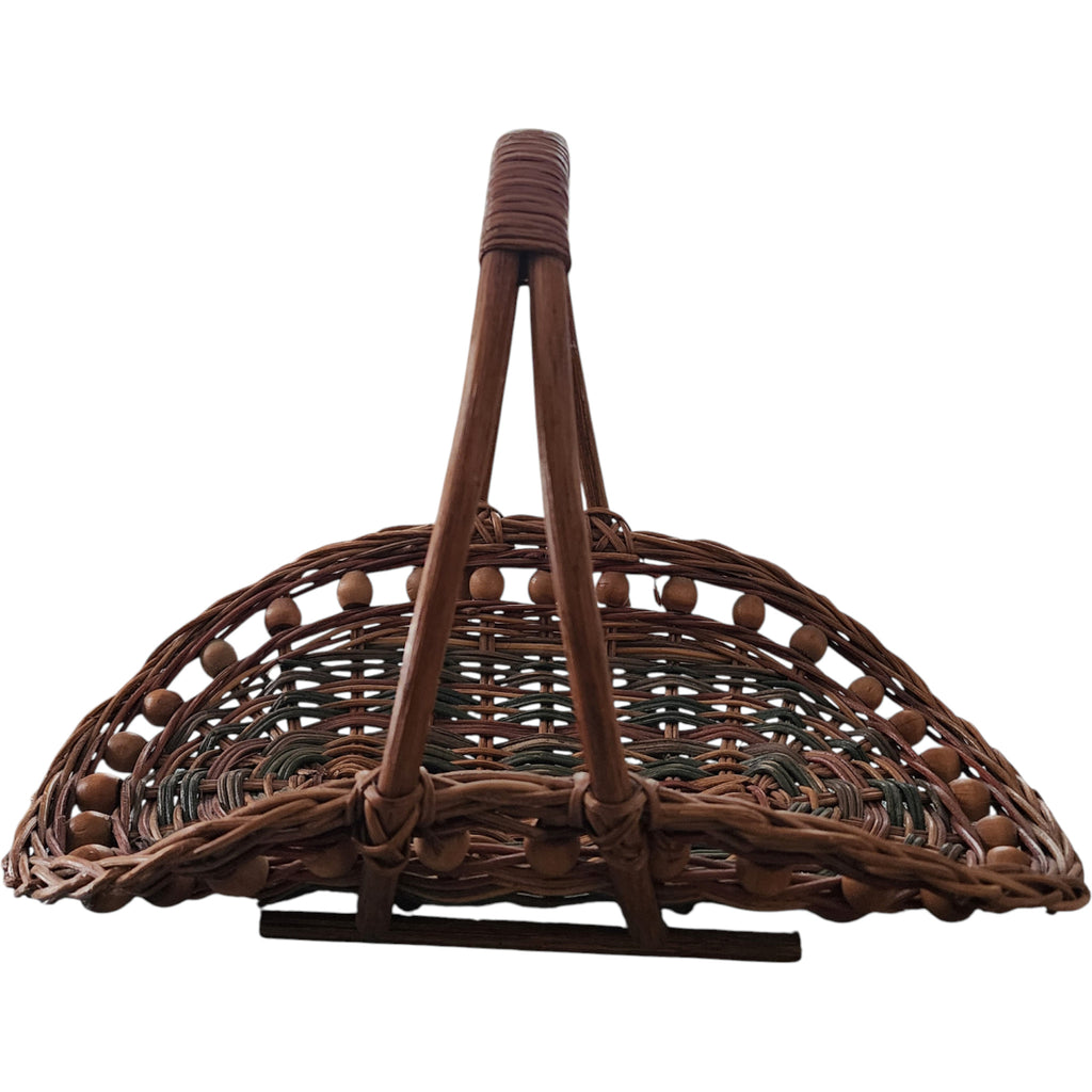 Vintage Woven Wicker Basket with Wooden Bead Trim & Handle