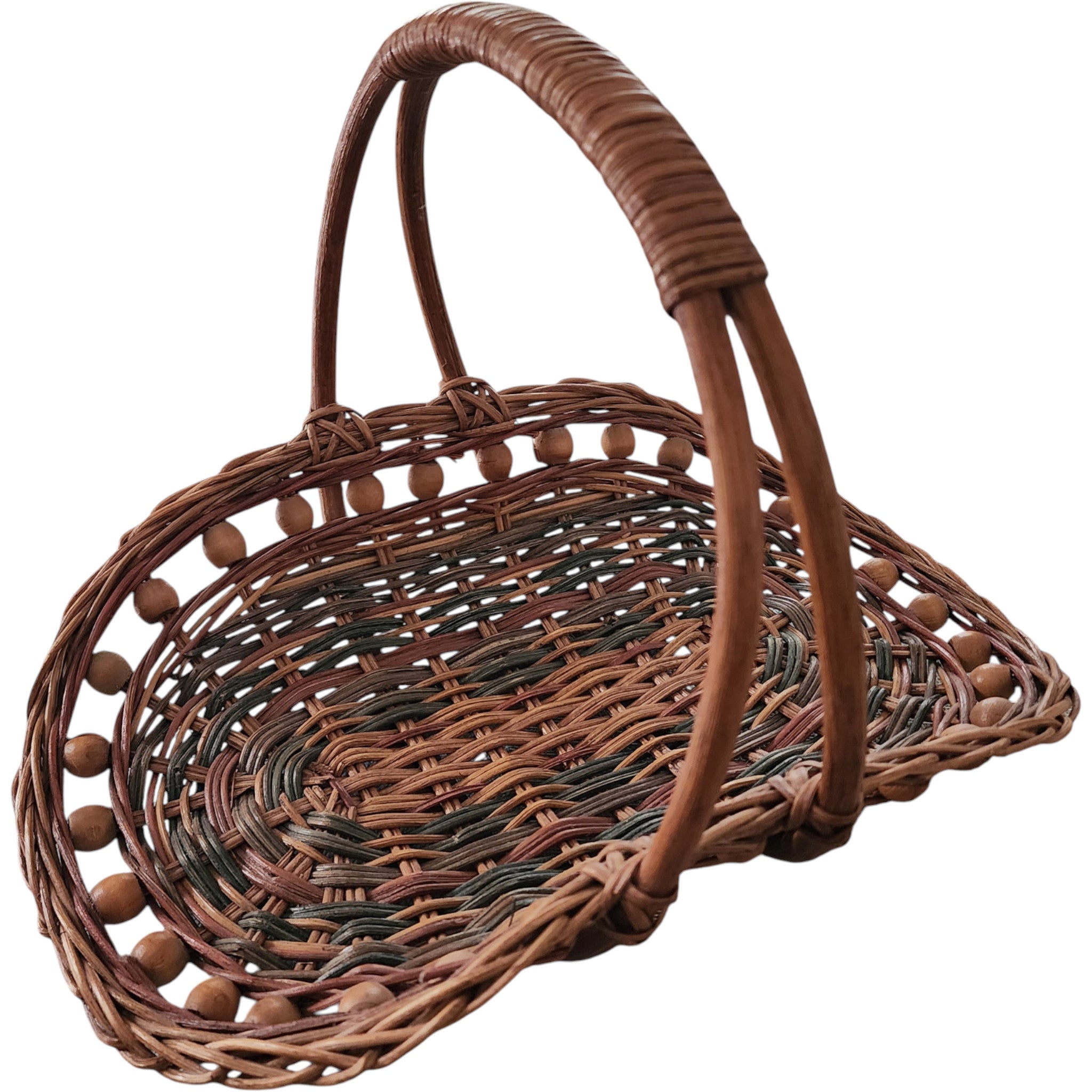 Vintage Woven Wicker Basket with Wooden Bead Trim & Handle