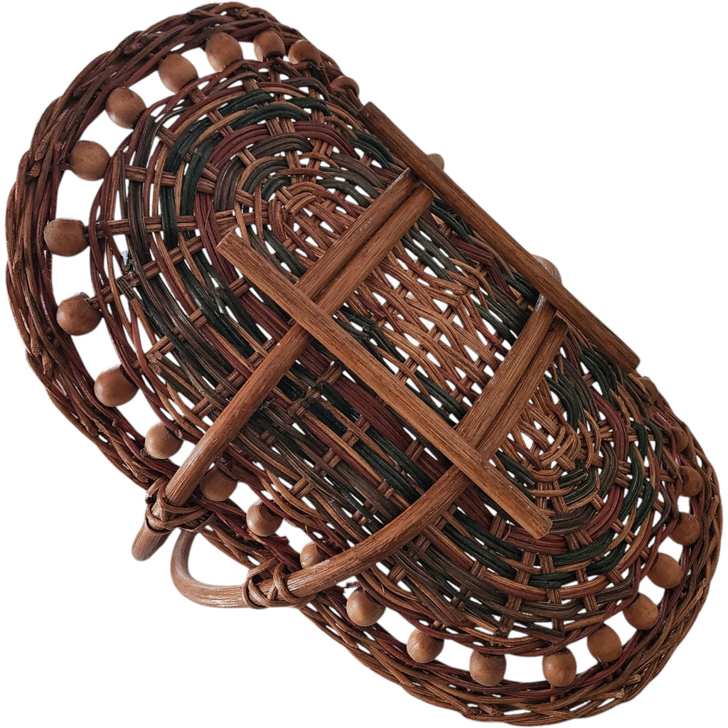 Vintage Woven Wicker Basket with Wooden Bead Trim & Handle