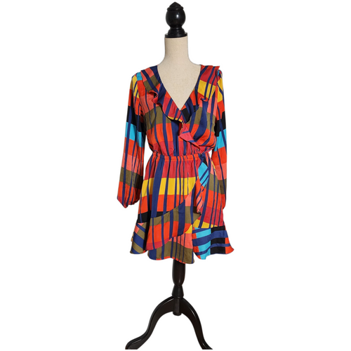 Vintage 1970s-Style Color Block Mini Dress Long Sleeve Ruffle Wrap Bold Geometric Stripes