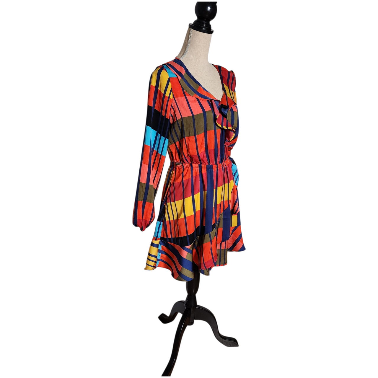 Vintage 1970s-Style Color Block Mini Dress Long Sleeve Ruffle Wrap Bold Geometric Stripes