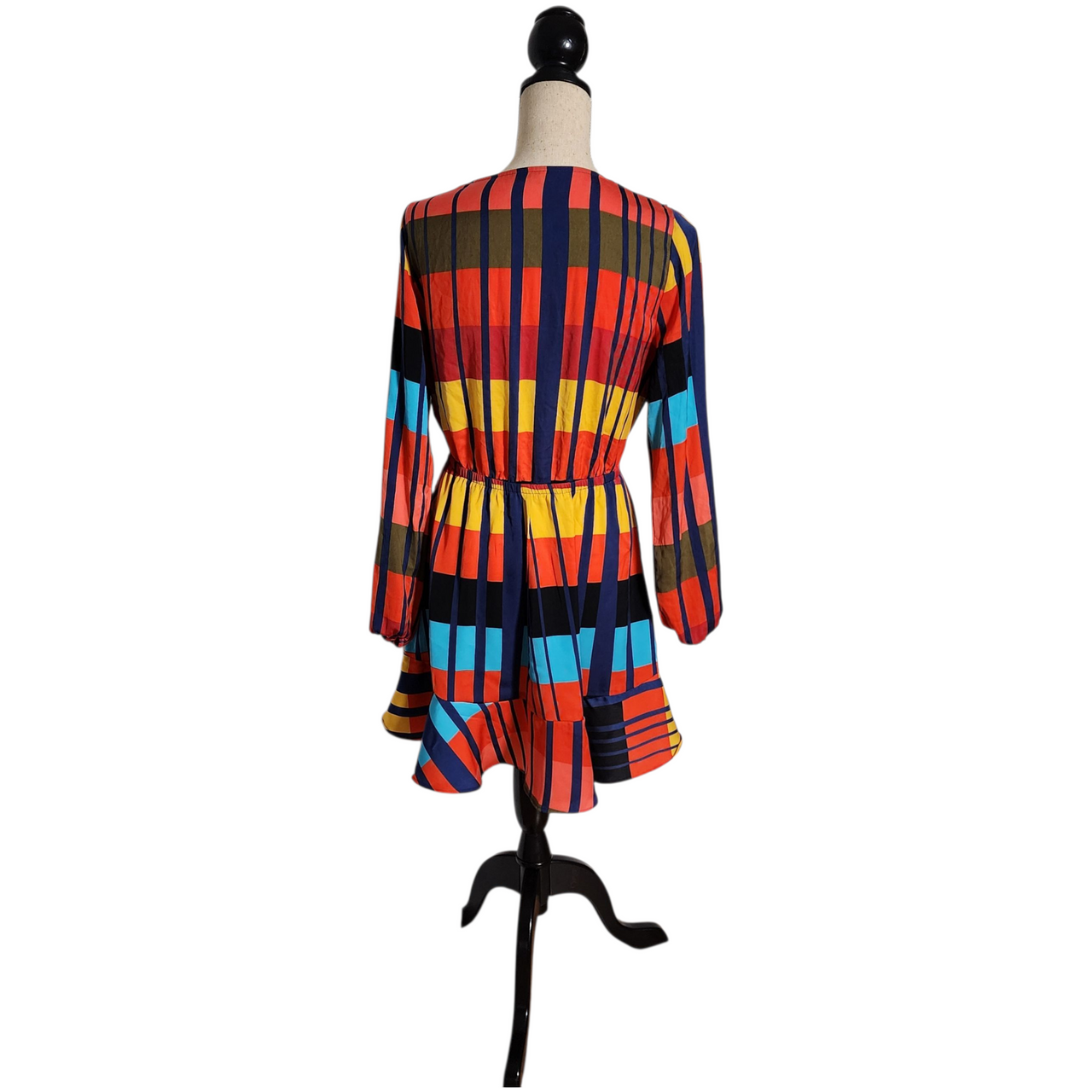 Vintage 1970s-Style Color Block Mini Dress Long Sleeve Ruffle Wrap Bold Geometric Stripes